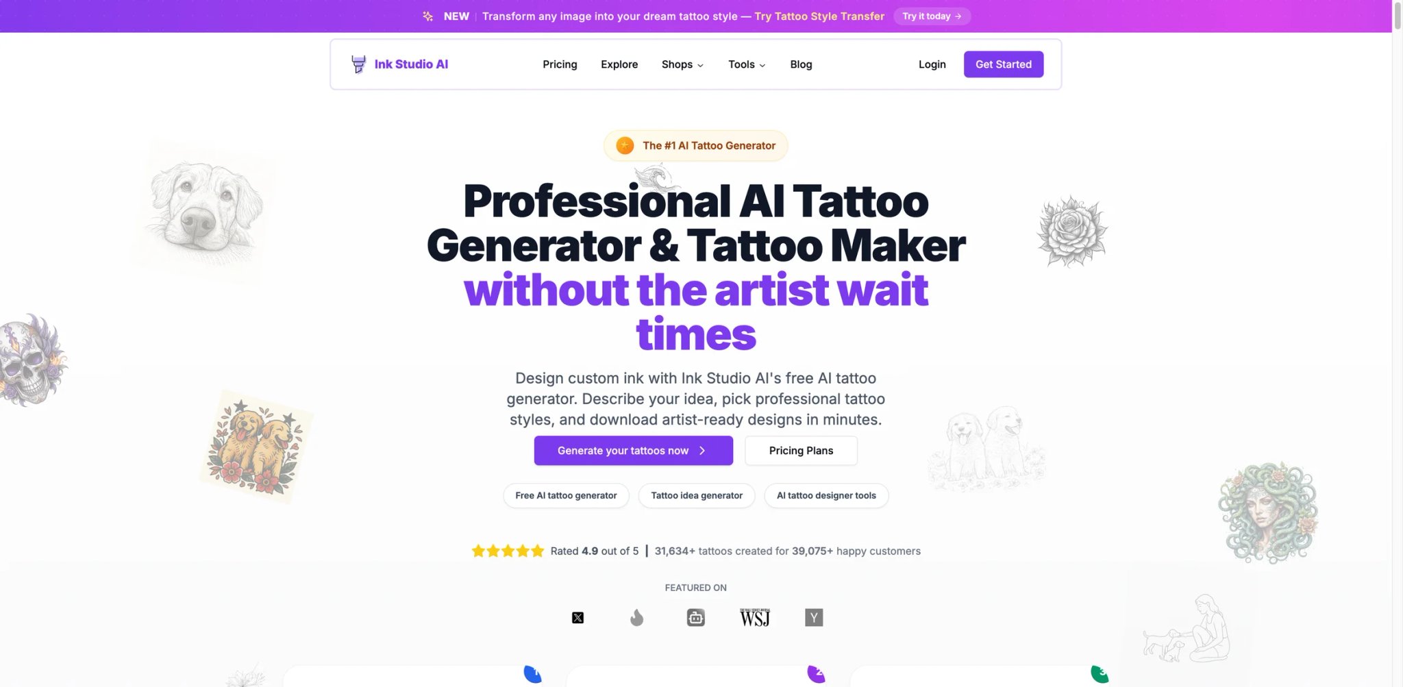Ink Studio AI interface showing tattoo design options