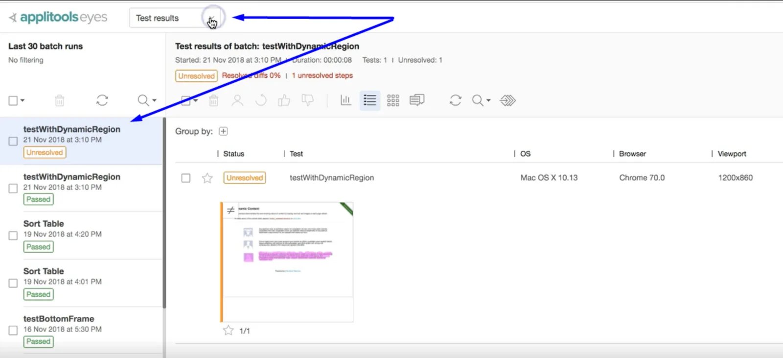 Applitools Test Results page showing visual test review controls