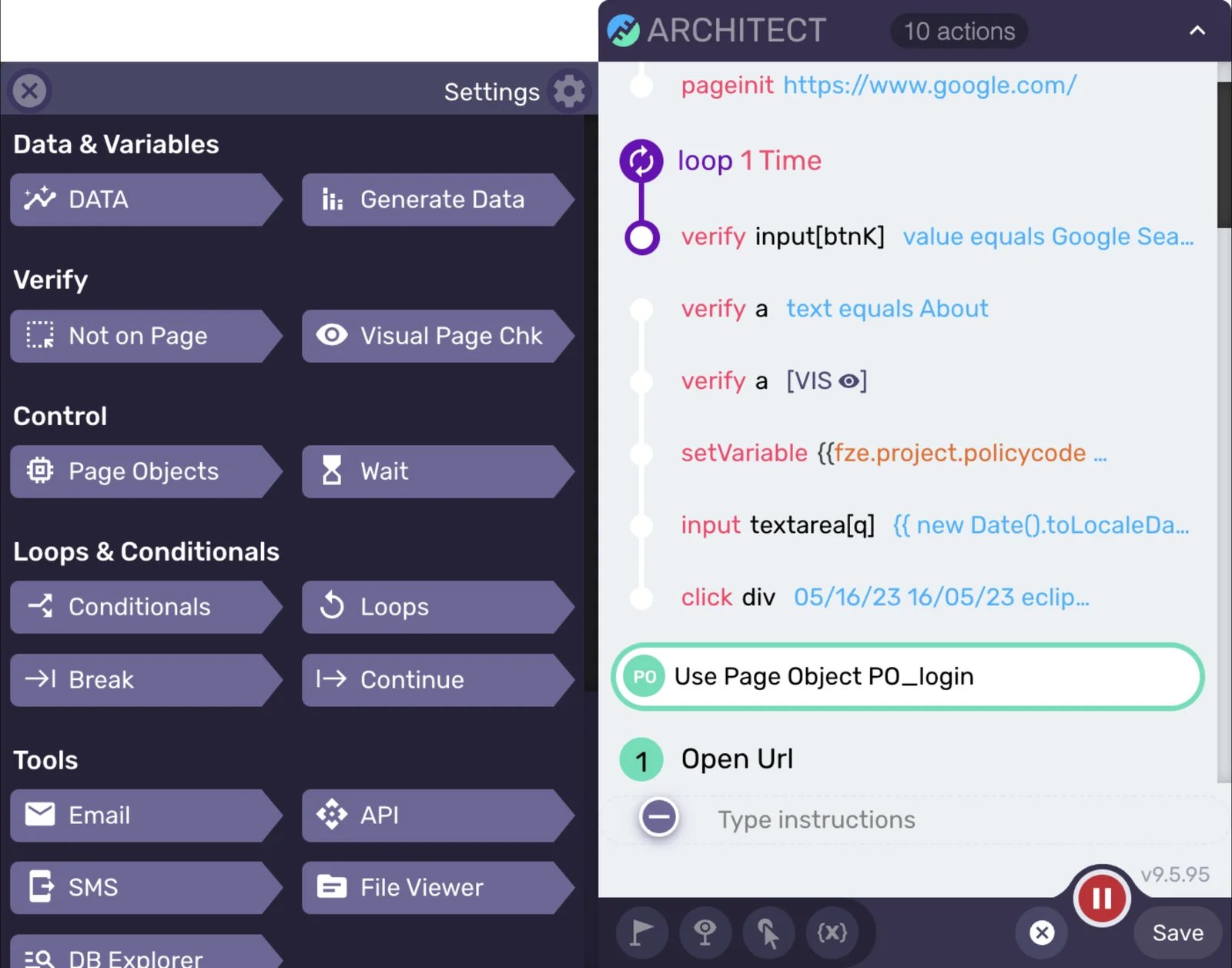 Functionize Architect showing a visual test authoring workflow