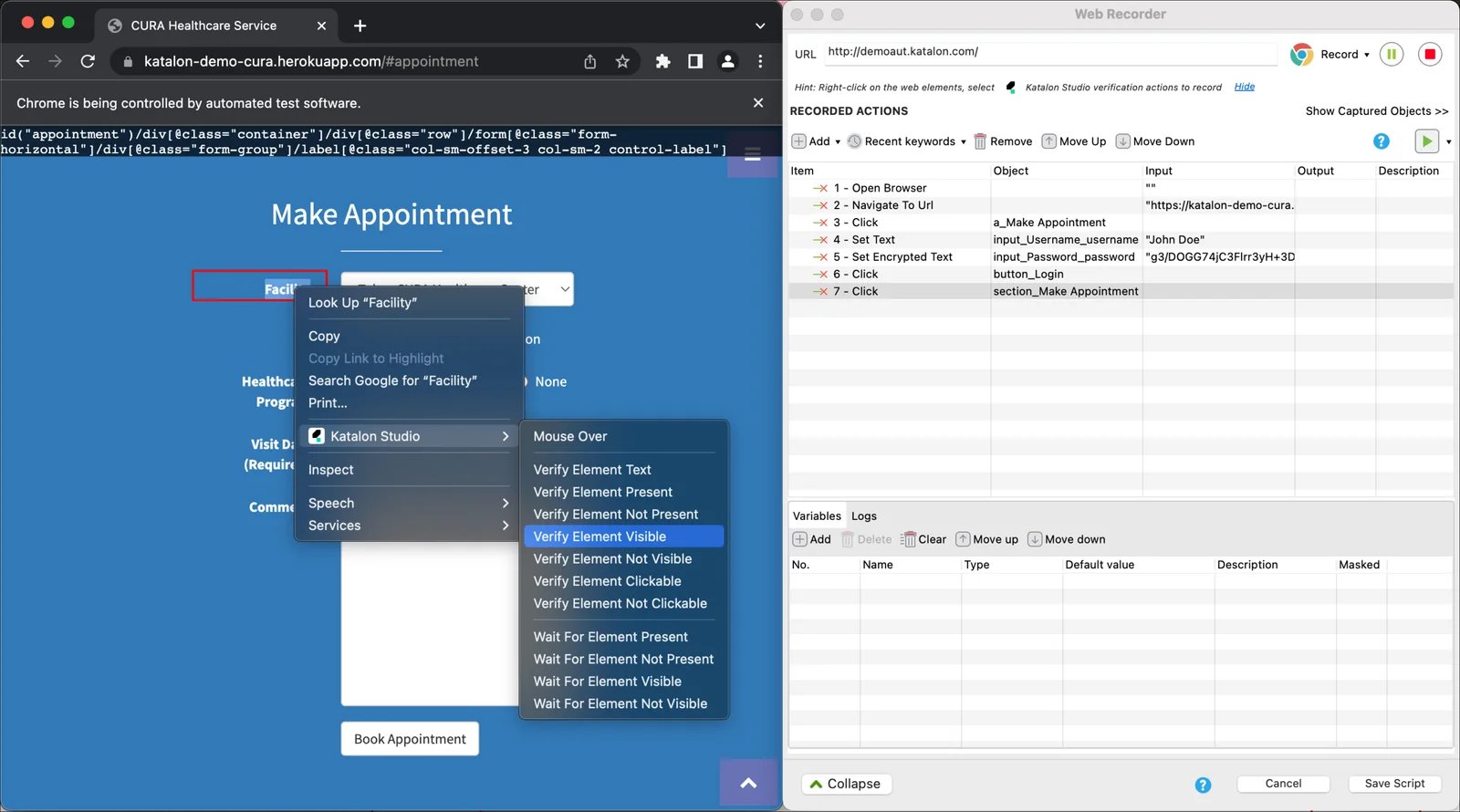 Katalon Studio showing a recorded web test and its automation steps