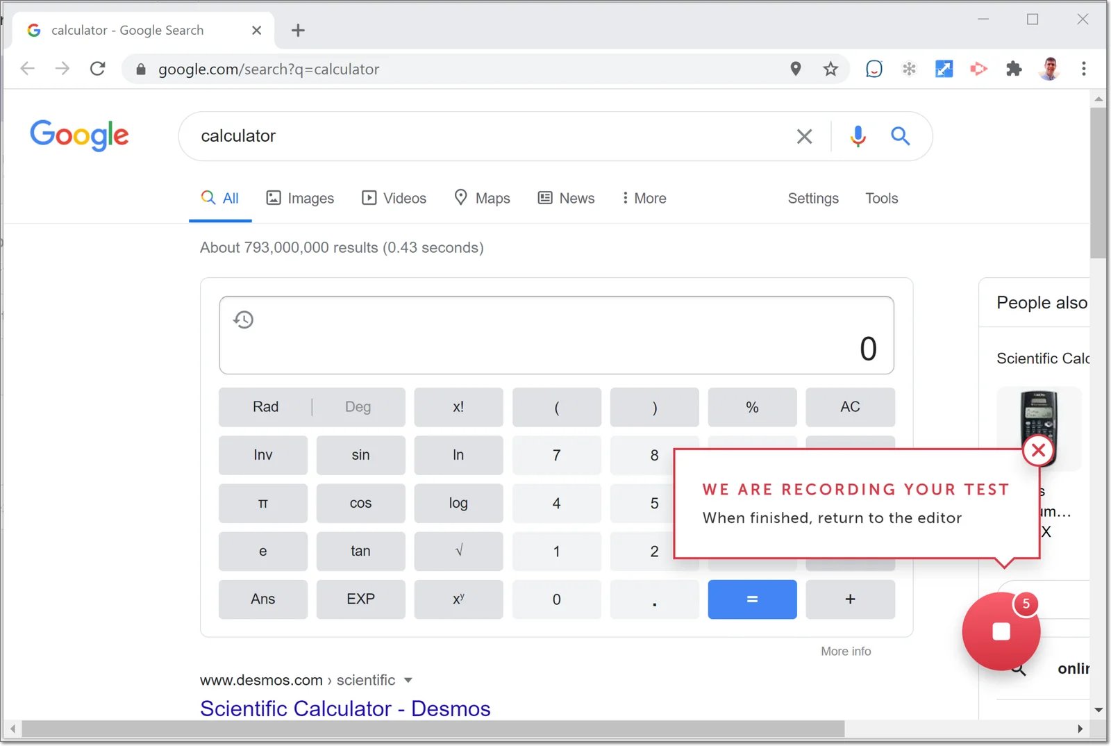 Tricentis Testim recorder overlay while capturing a browser test