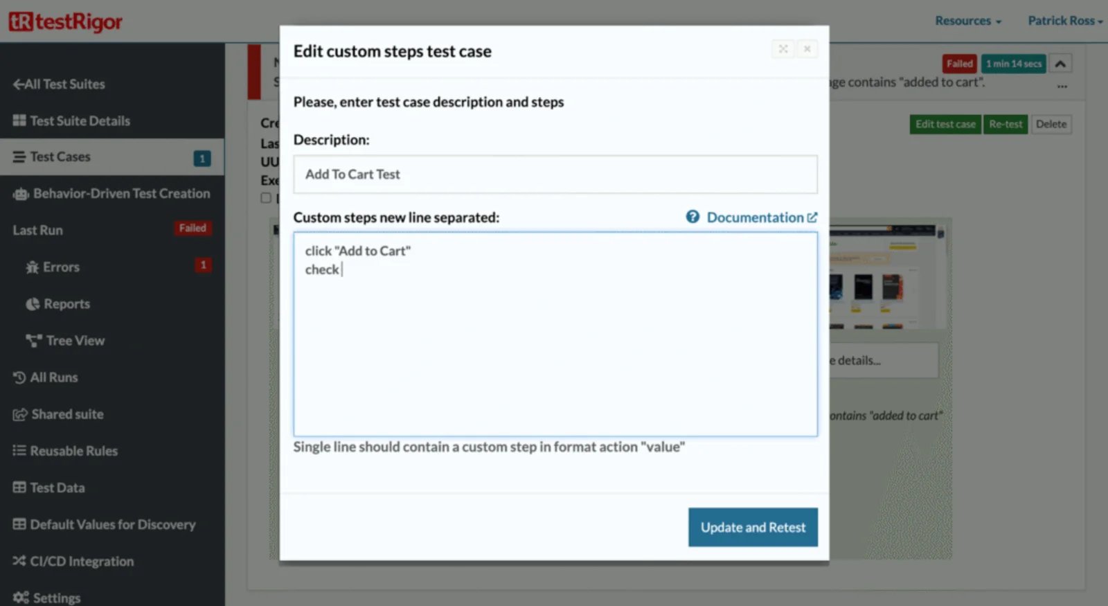 testRigor interface demonstrating plain-English end-to-end test creation