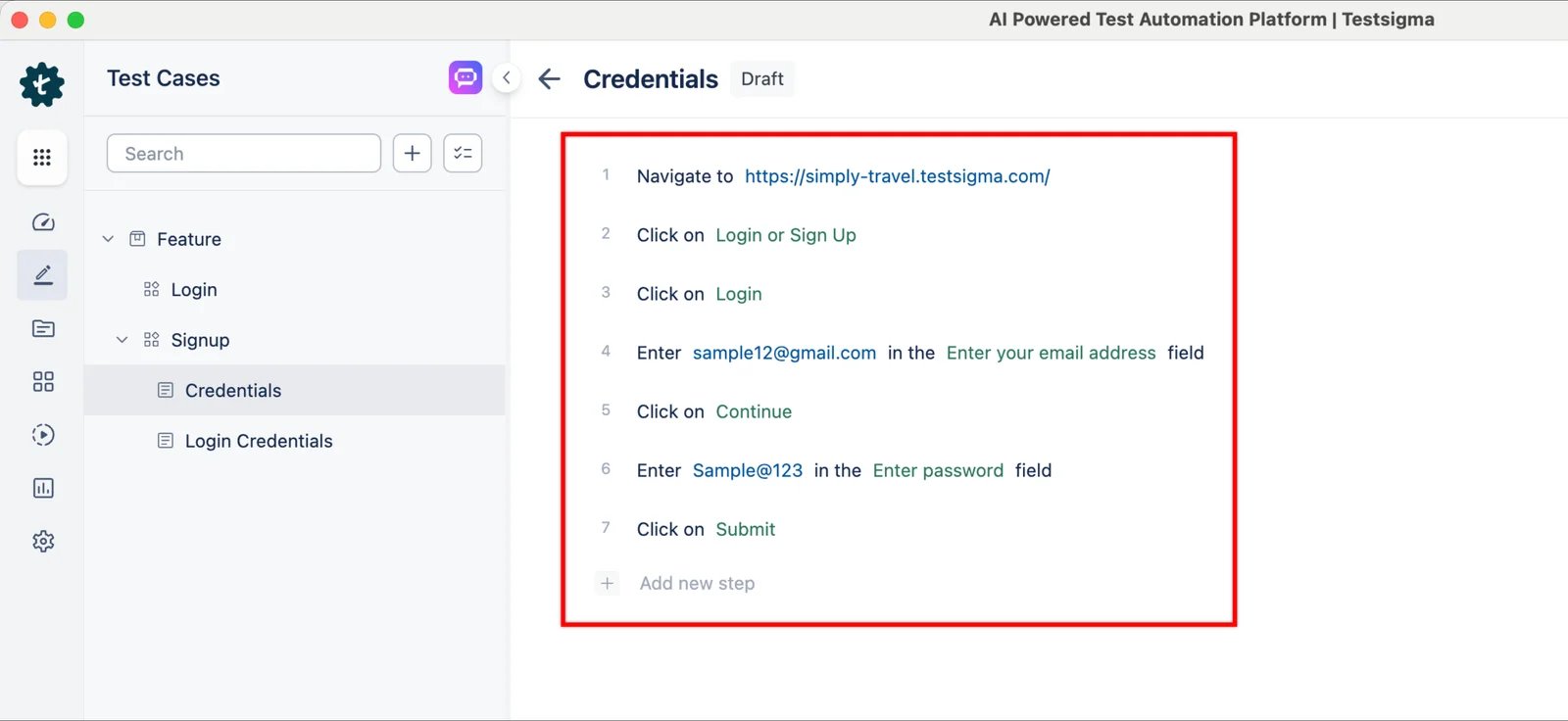 Testsigma test case editor showing plain-language automation steps