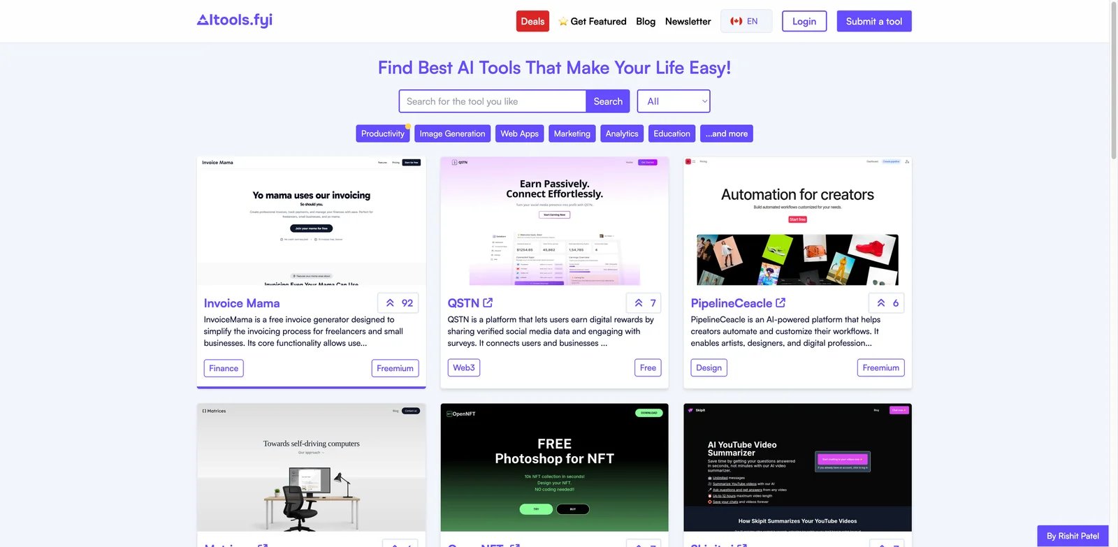 aitools.fyi interface showing AI tool categories tags and deals