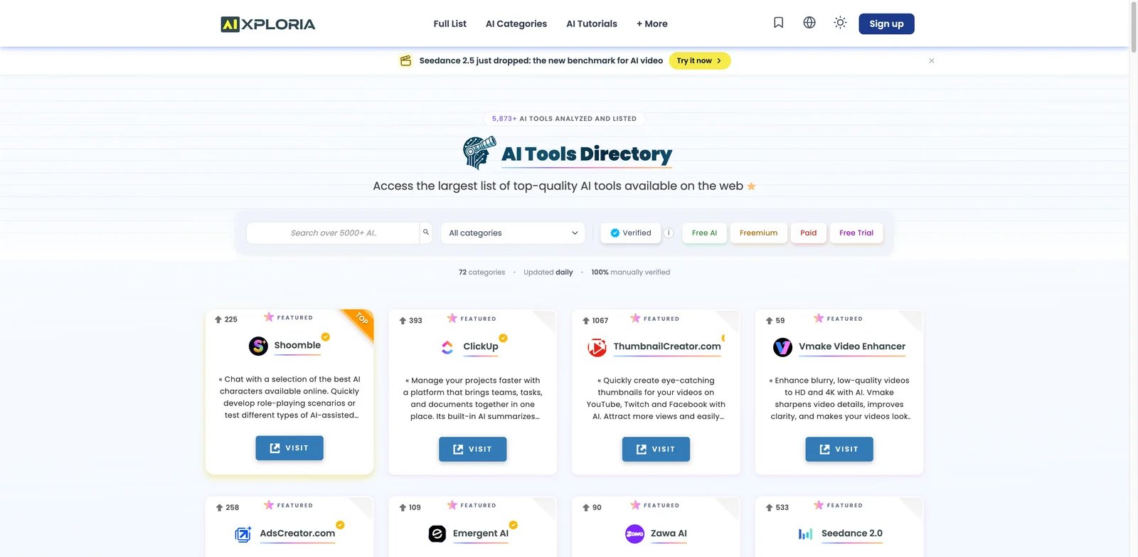 AIxploria interface showing AI tools directory filters and verified listings