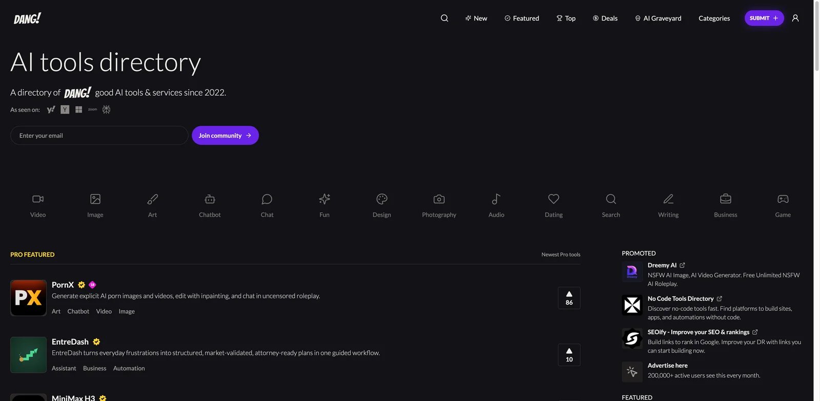 Dang.ai interface showing AI tools directory categories and featured tools