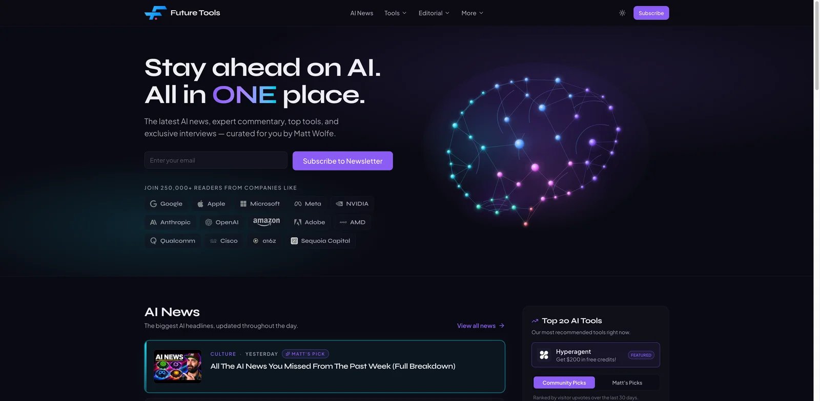 Future Tools interface showing curated AI tools and submission review