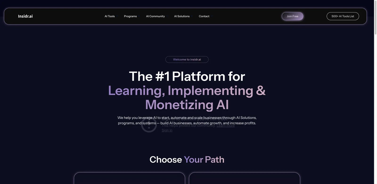 Insidr.ai interface showing AI tools directory and community resources