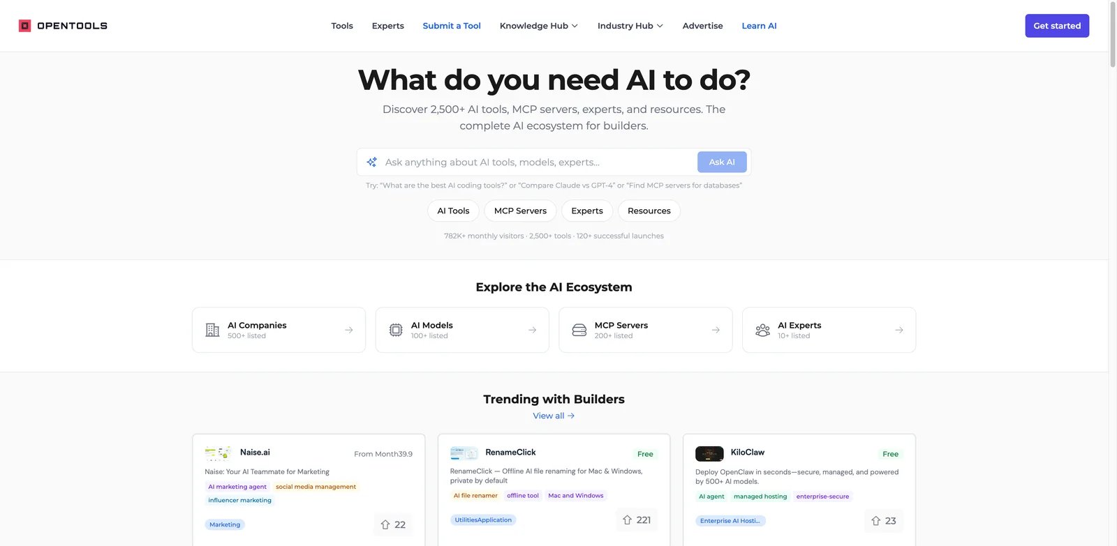 OpenTools interface showing AI tools models and MCP server discovery