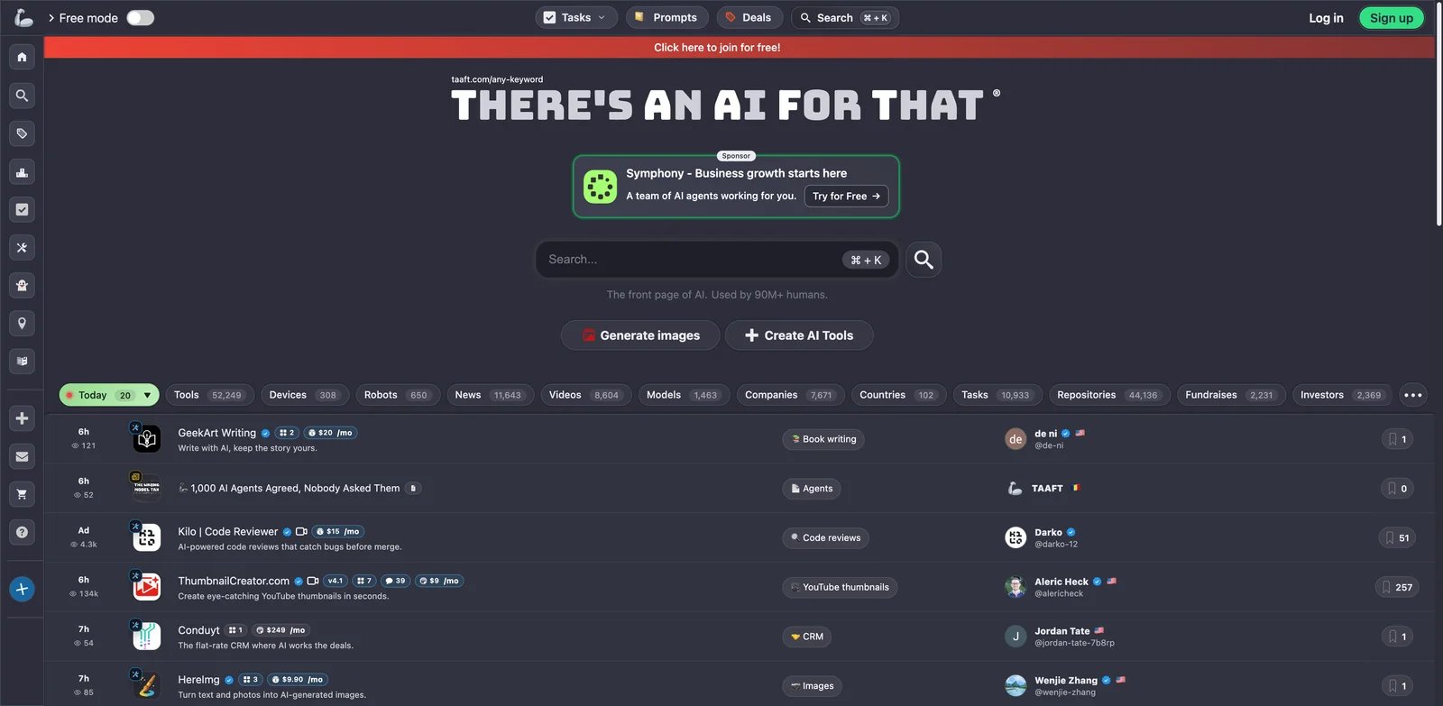 There's An AI For That interface showing task-based AI tool discovery