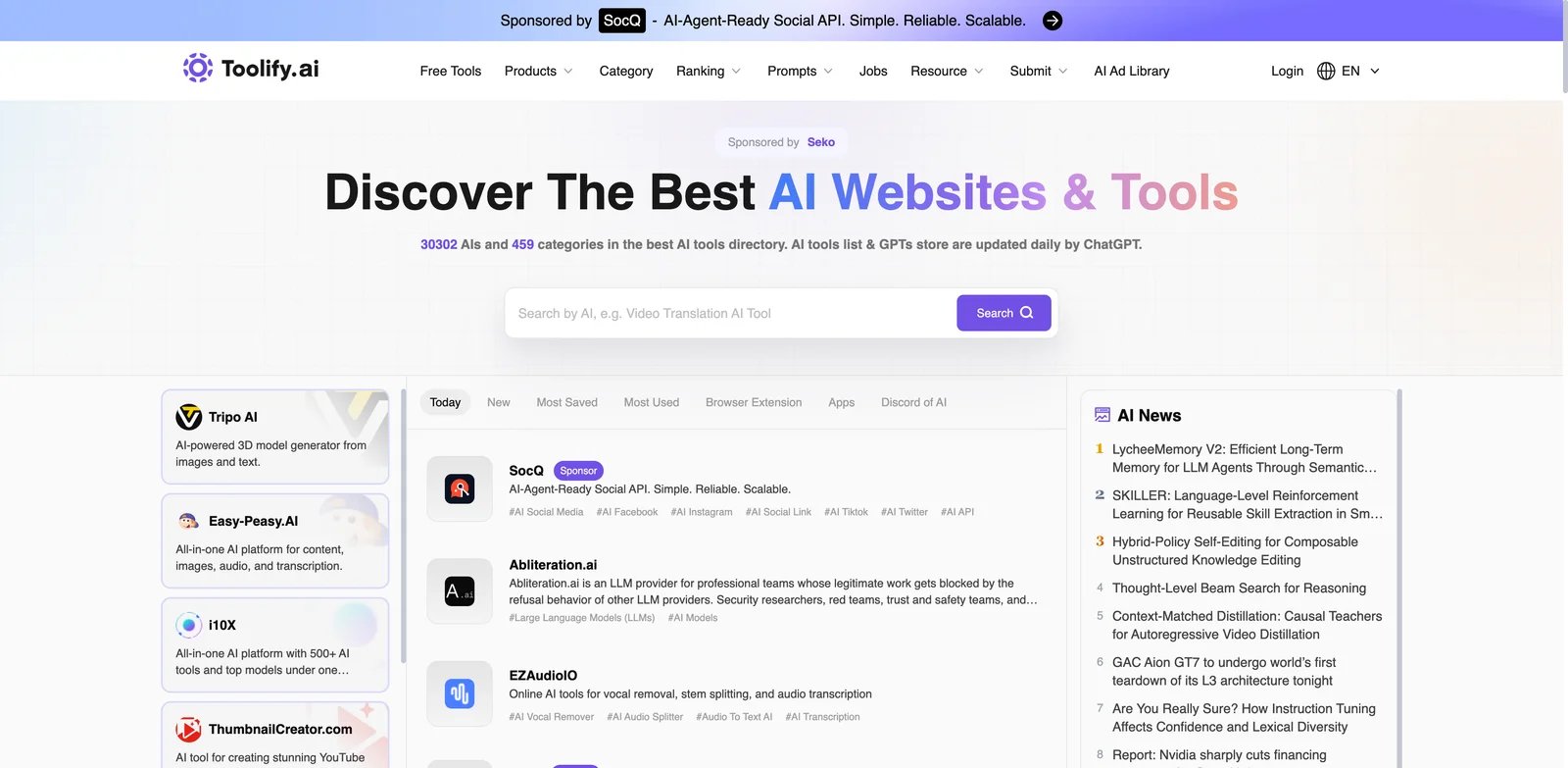 Toolify interface showing AI tools directory listings and submission options