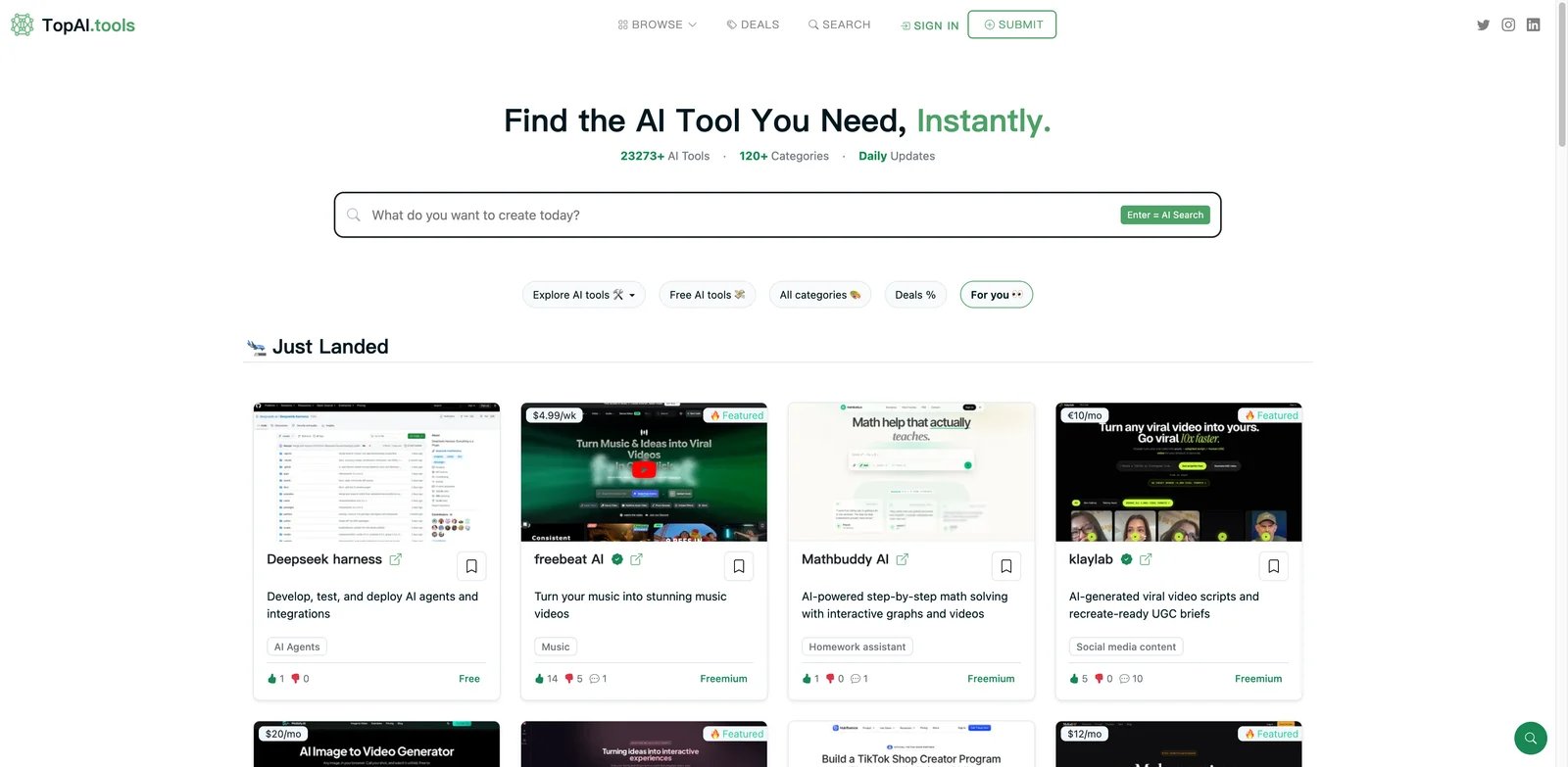 TopAI.tools interface showing AI tool search filters and comparisons