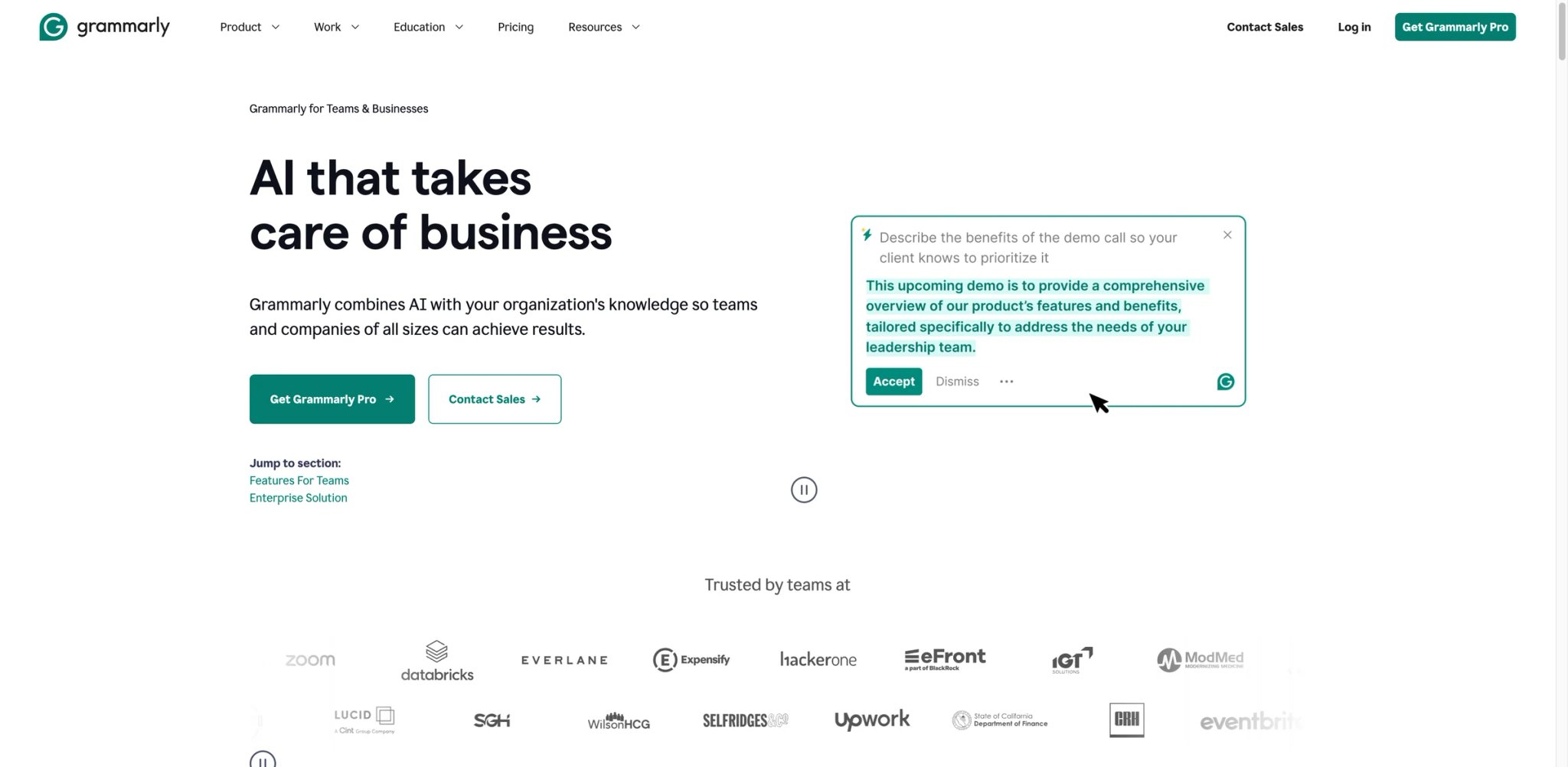 Grammarly Pro interface showing writing suggestions