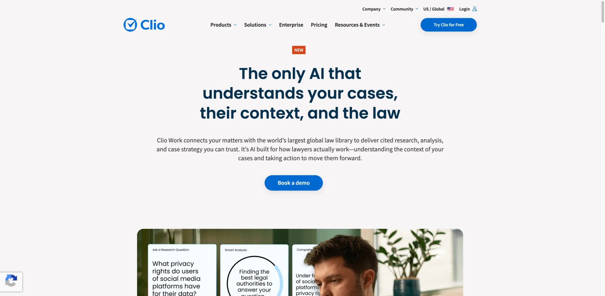 Clio Work interface showing AI legal research workspace