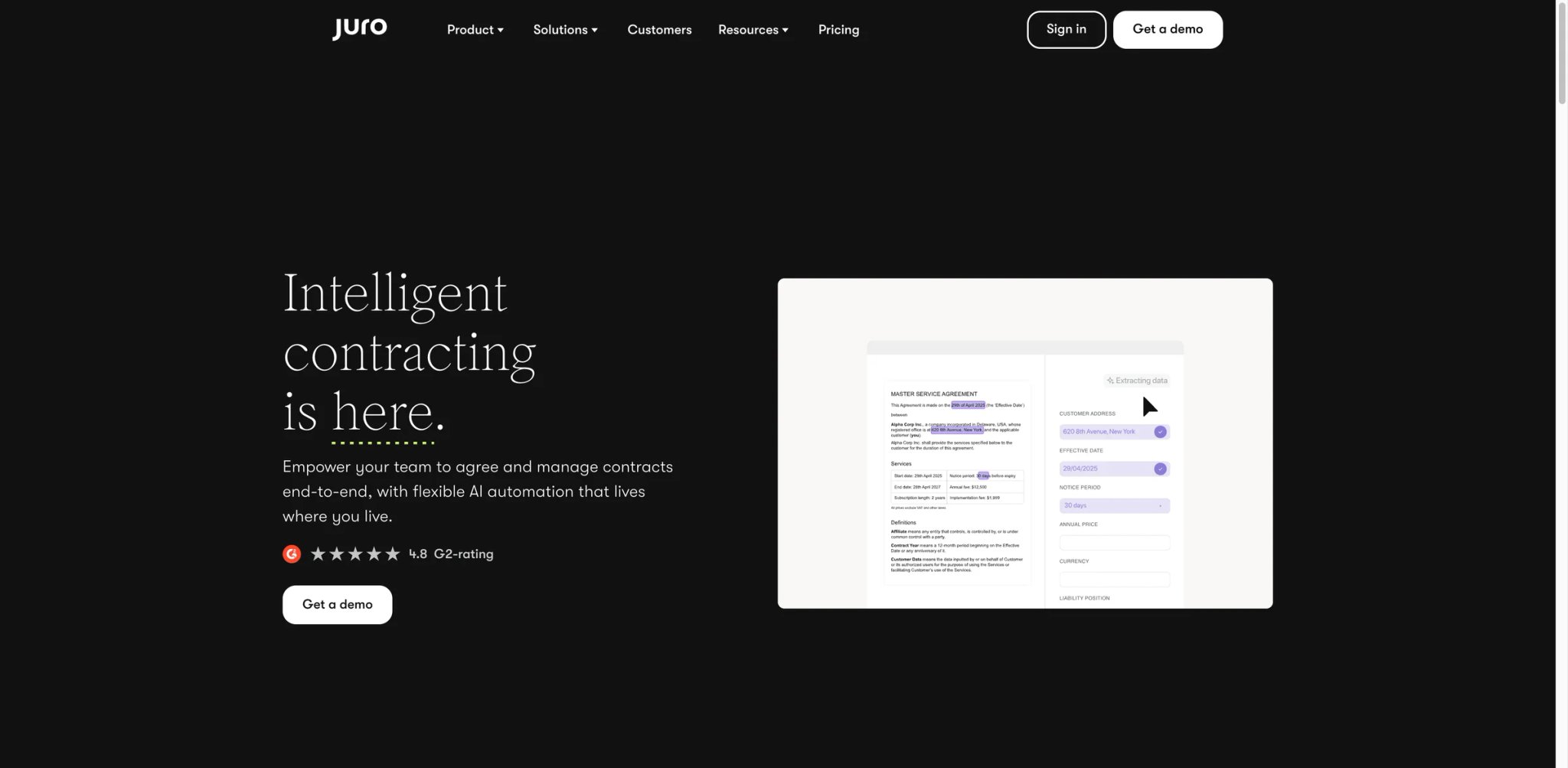 Juro interface showing contract lifecycle management
