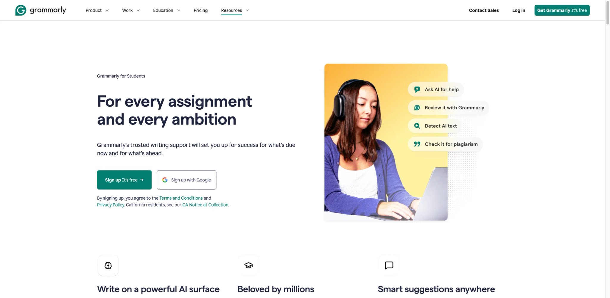 Grammarly interface showing grammar suggestions and tone adjustments on a college essay draft