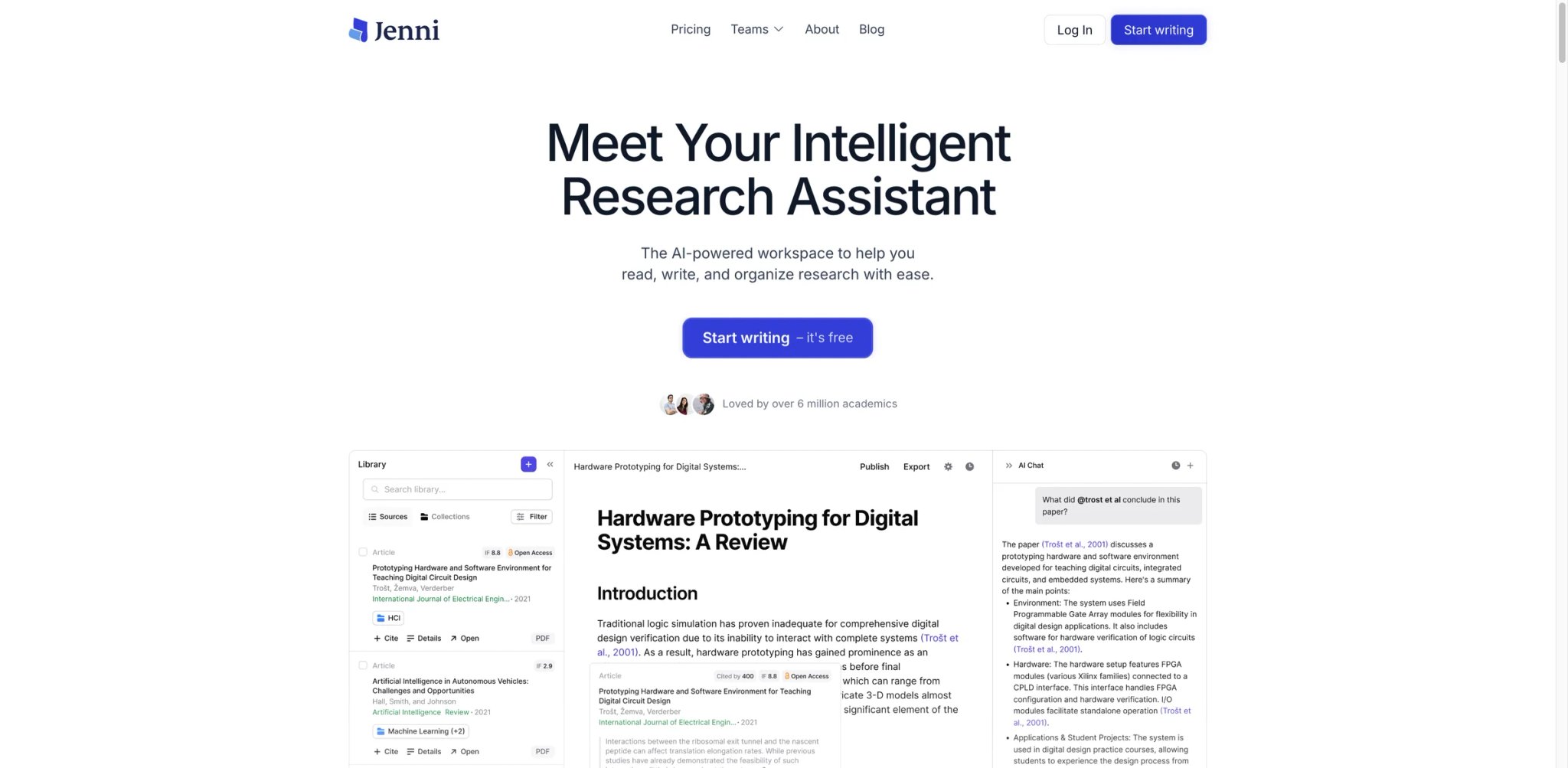 Jenni AI interface showing academic essay drafting with inline citation suggestions
