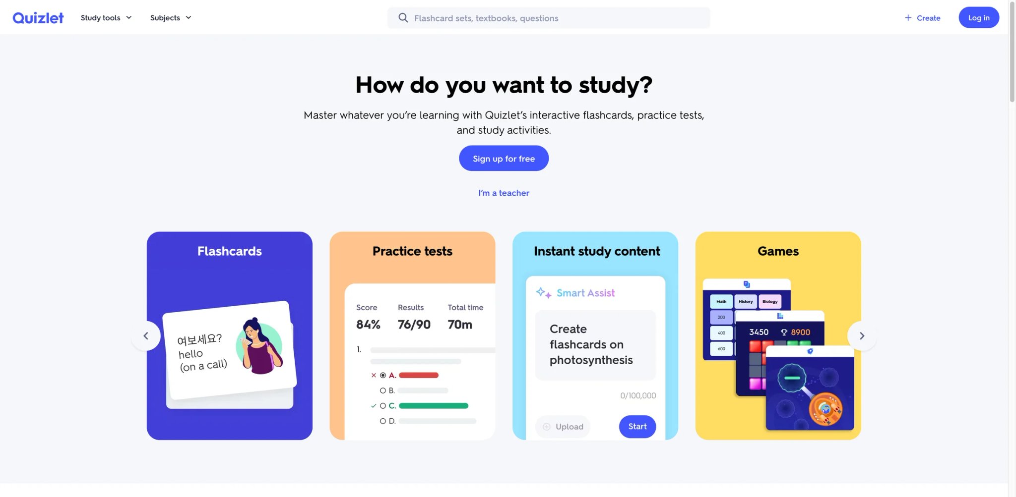 Quizlet interface showing AI Learn mode with spaced-repetition flashcard session