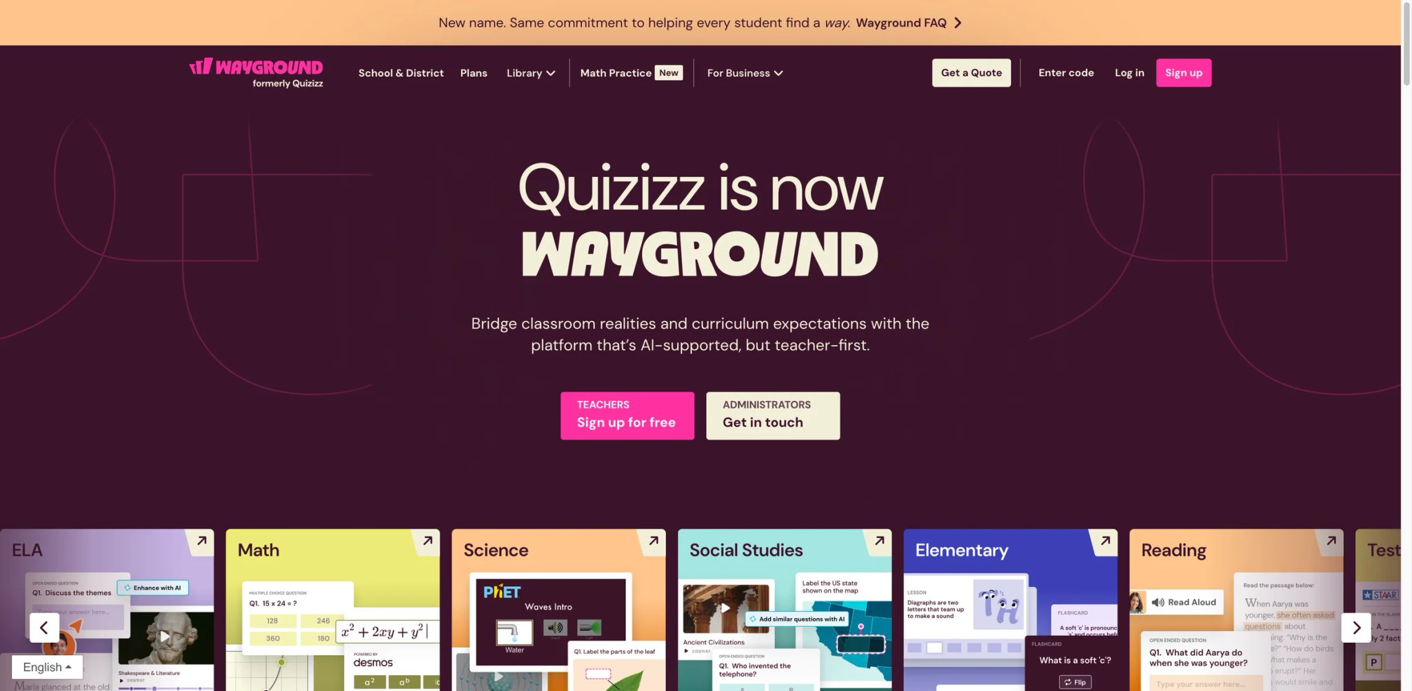 Wayground interface showing AI-generated quizzes and lessons