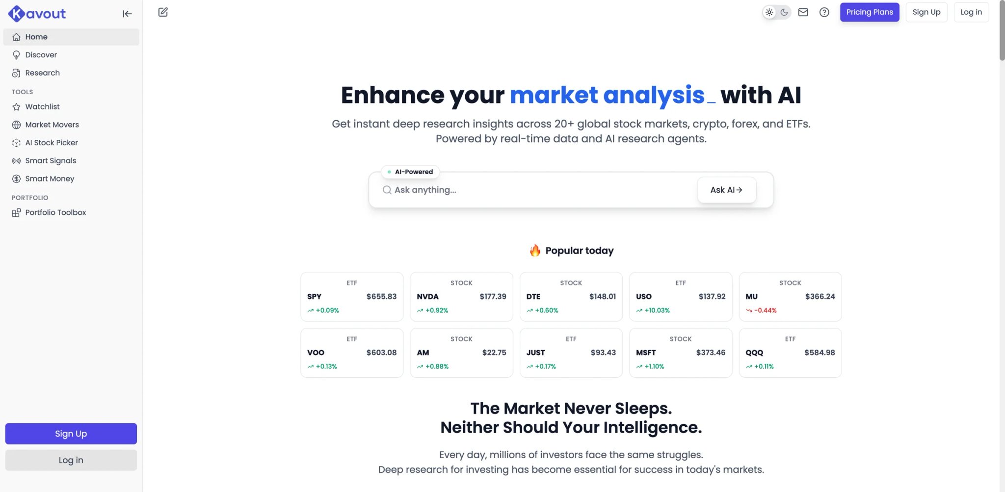 Kavout interface showing AI stock picker and research agents
