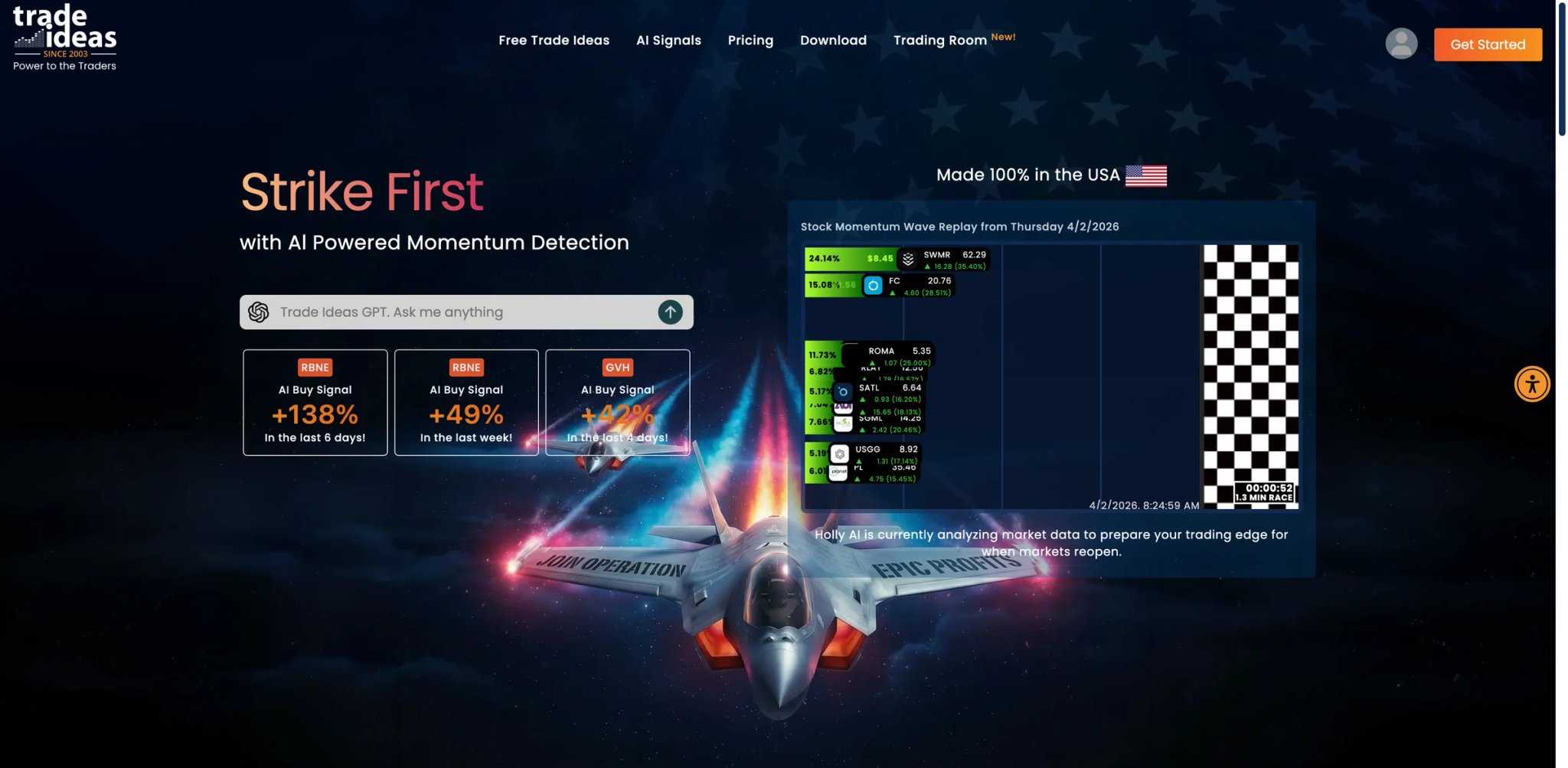 Trade Ideas interface showing Holly AI scanner