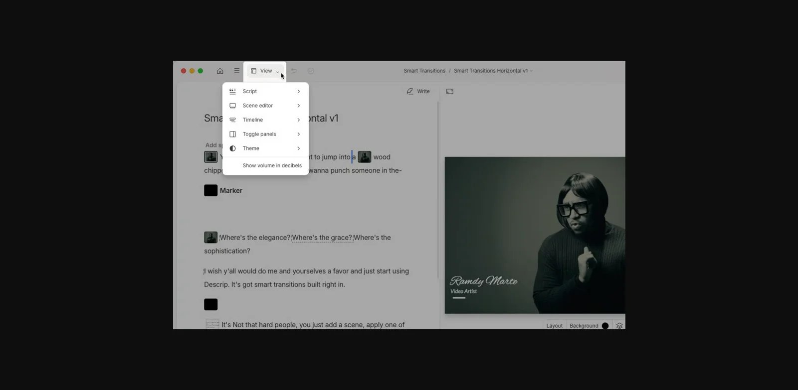 Descript transcript editor showing inline editing controls beside a media composition