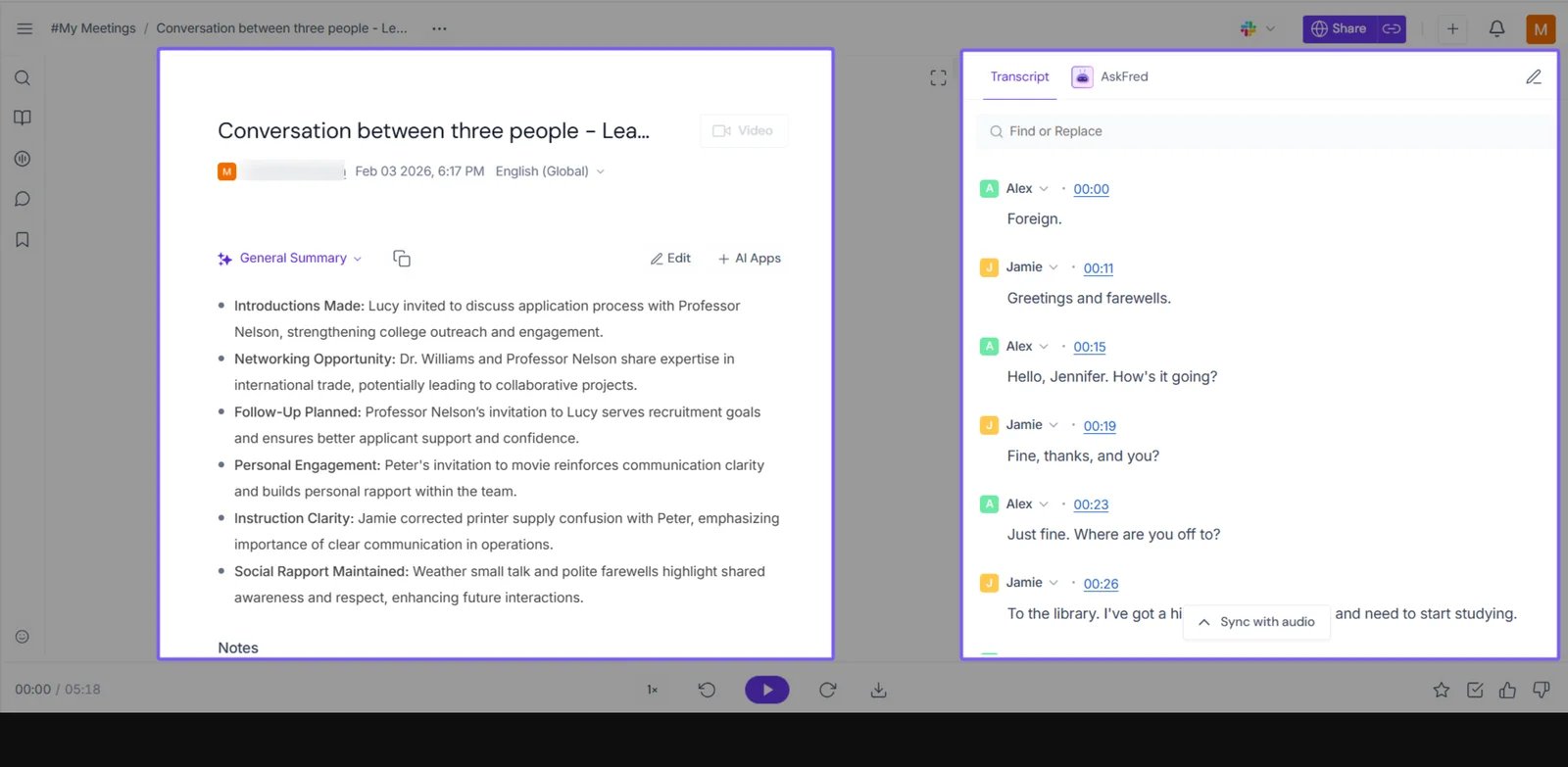 Fireflies.ai Notepad showing a live meeting transcript and notes panel