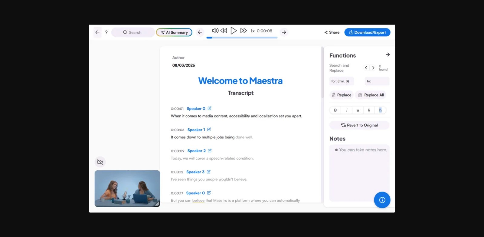 Maestra localization workspace showing transcript and multilingual media controls