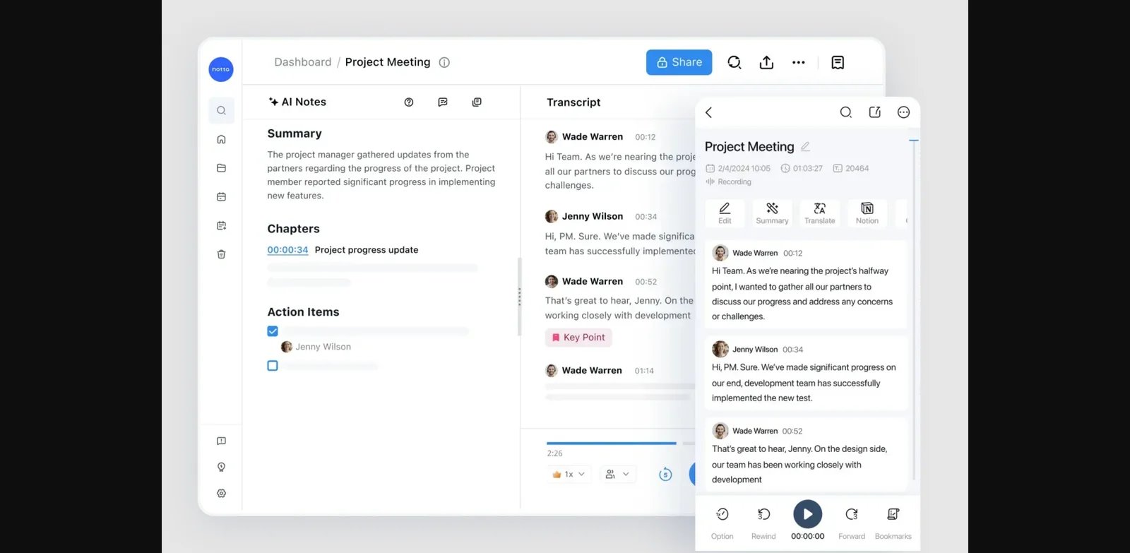 Notta workspace showing a transcript with speaker turns and playback controls