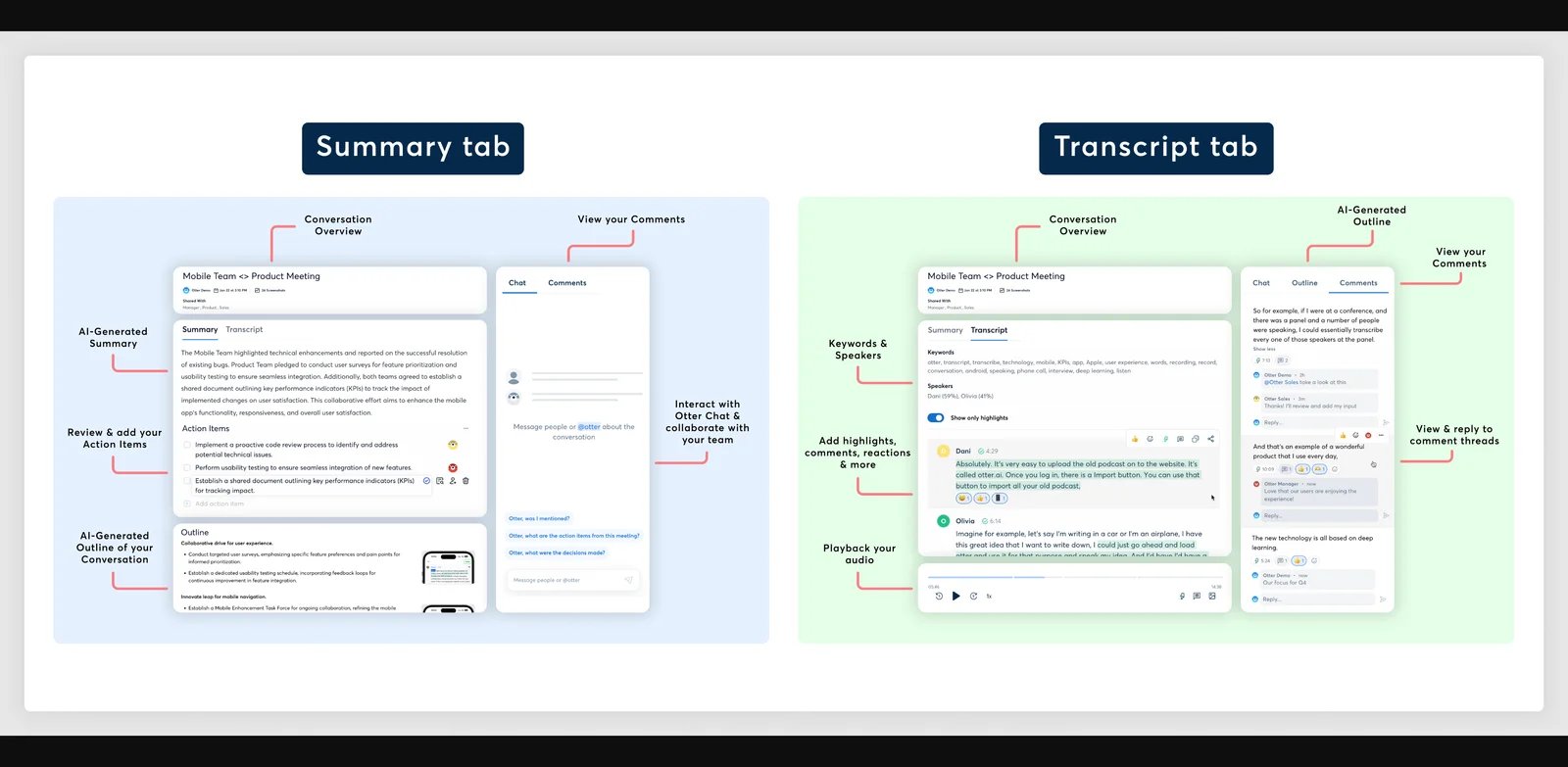Otter.ai conversation workspace showing a meeting transcript and navigation