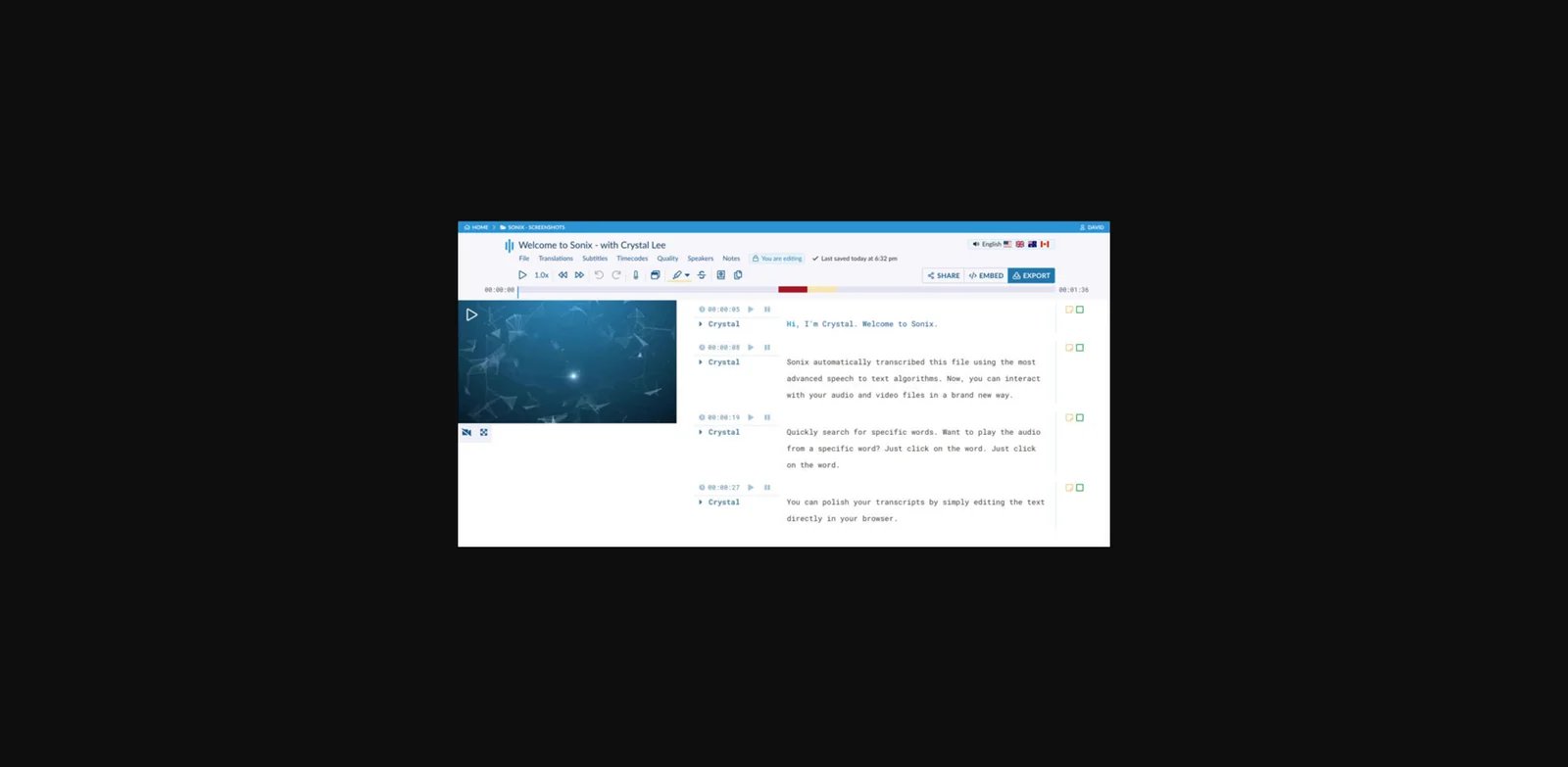 Sonix transcript editor showing timed text, playback, and editing controls