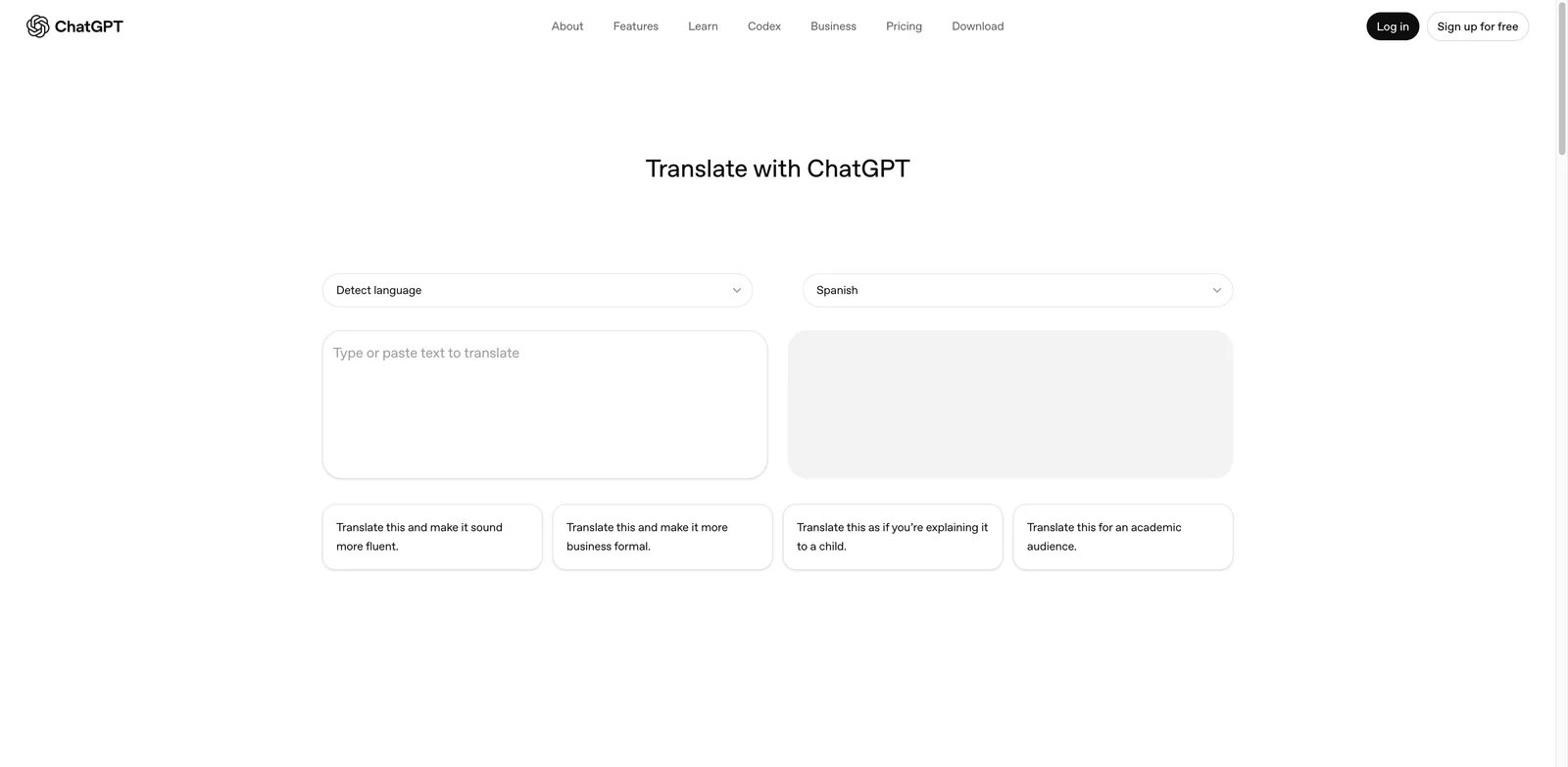 ChatGPT Translate interface showing conversational translation with tone instructions