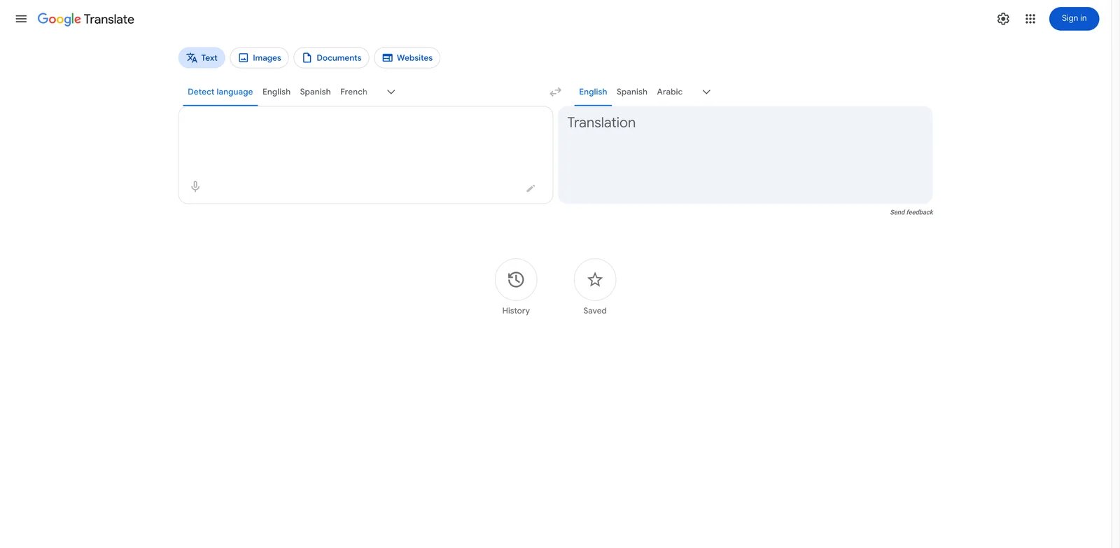 Google Translate interface showing 240+ languages and side-by-side translation panel