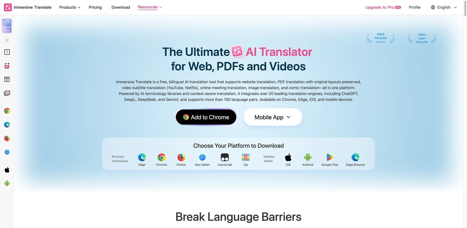 Immersive Translate interface showing bilingual side-by-side web page translation in the browser