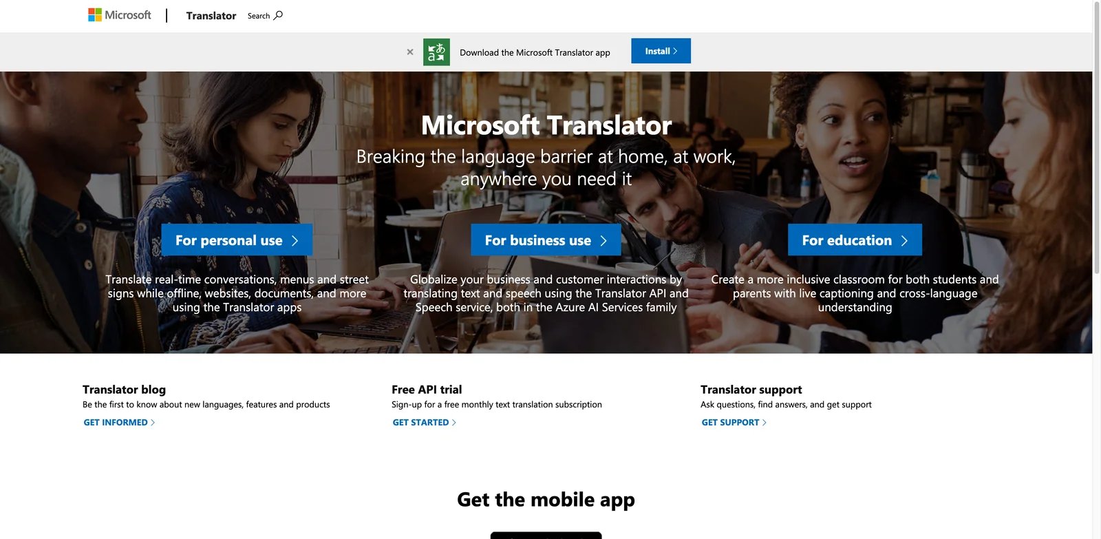 Microsoft Translator interface showing conversation mode with multiple speakers in different languages