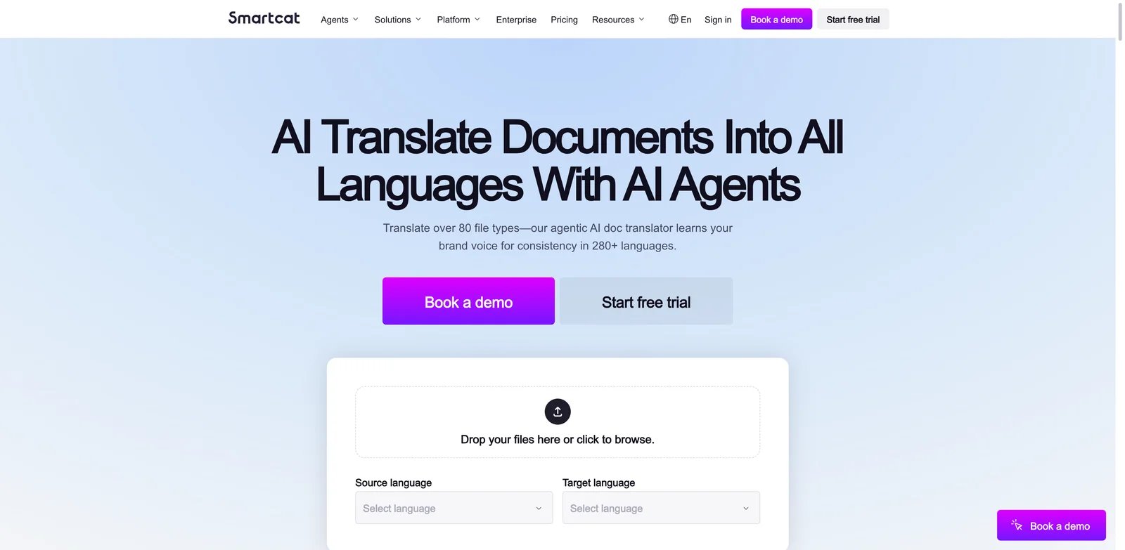 Smartcat AI Document Translator interface showing document segments with translation memory and team collaboration