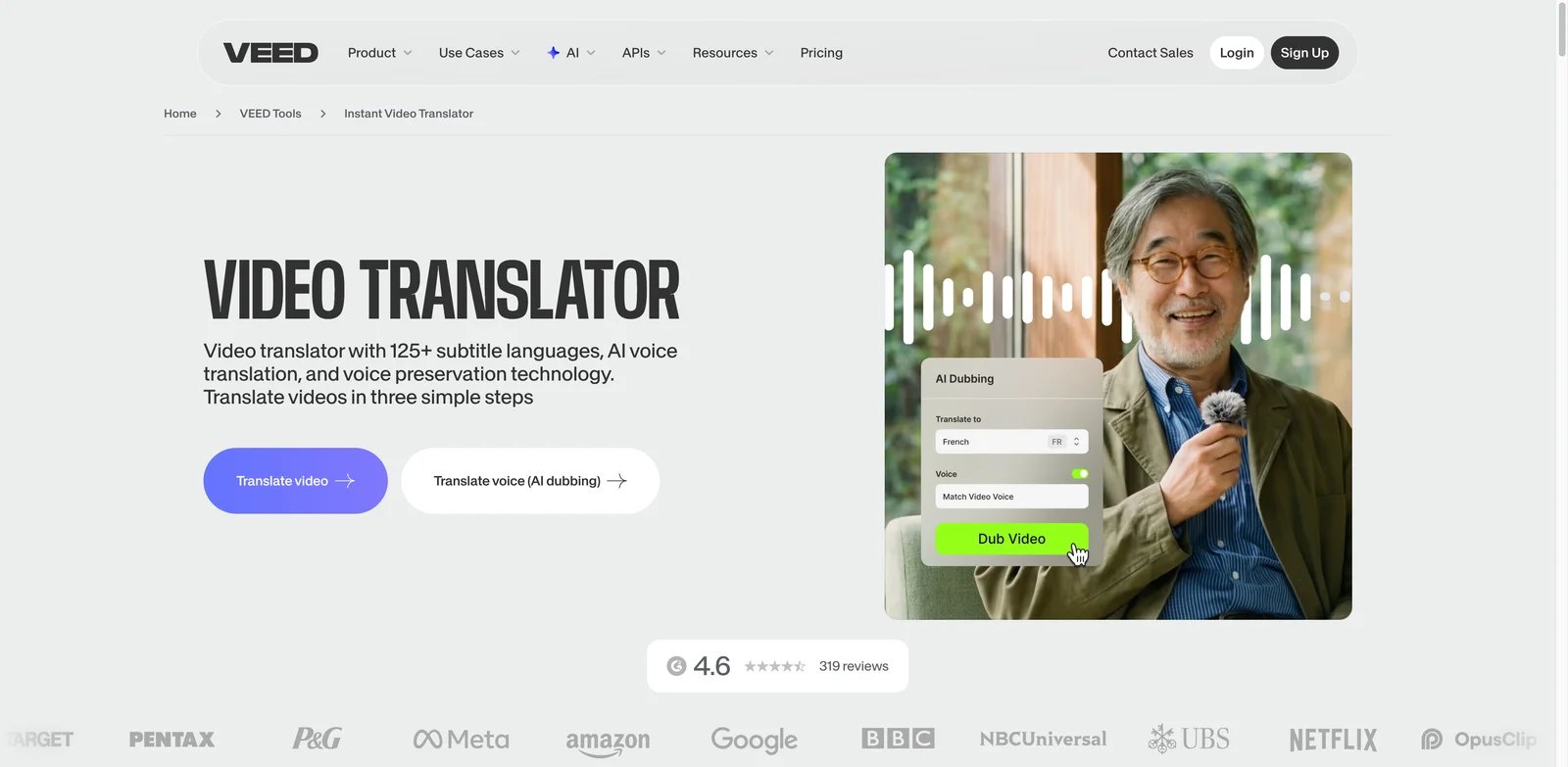 VEED Video Translator interface showing timeline editor with translated subtitles and dubbed audio track