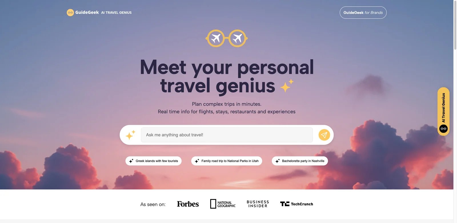 GuideGeek interface showing conversational AI travel assistant