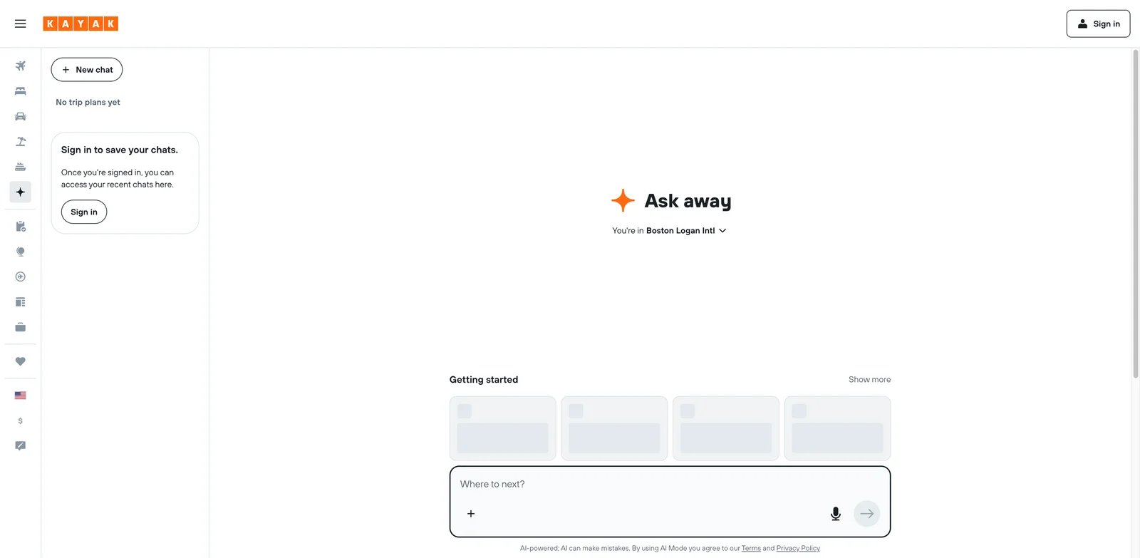 KAYAK AI interface showing flight and hotel search assisted by AI