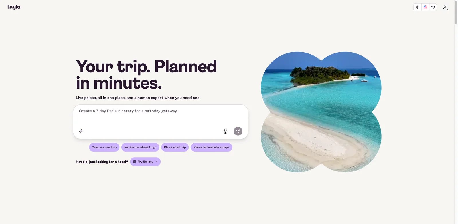 Layla interface showing conversational AI trip planning with prices
