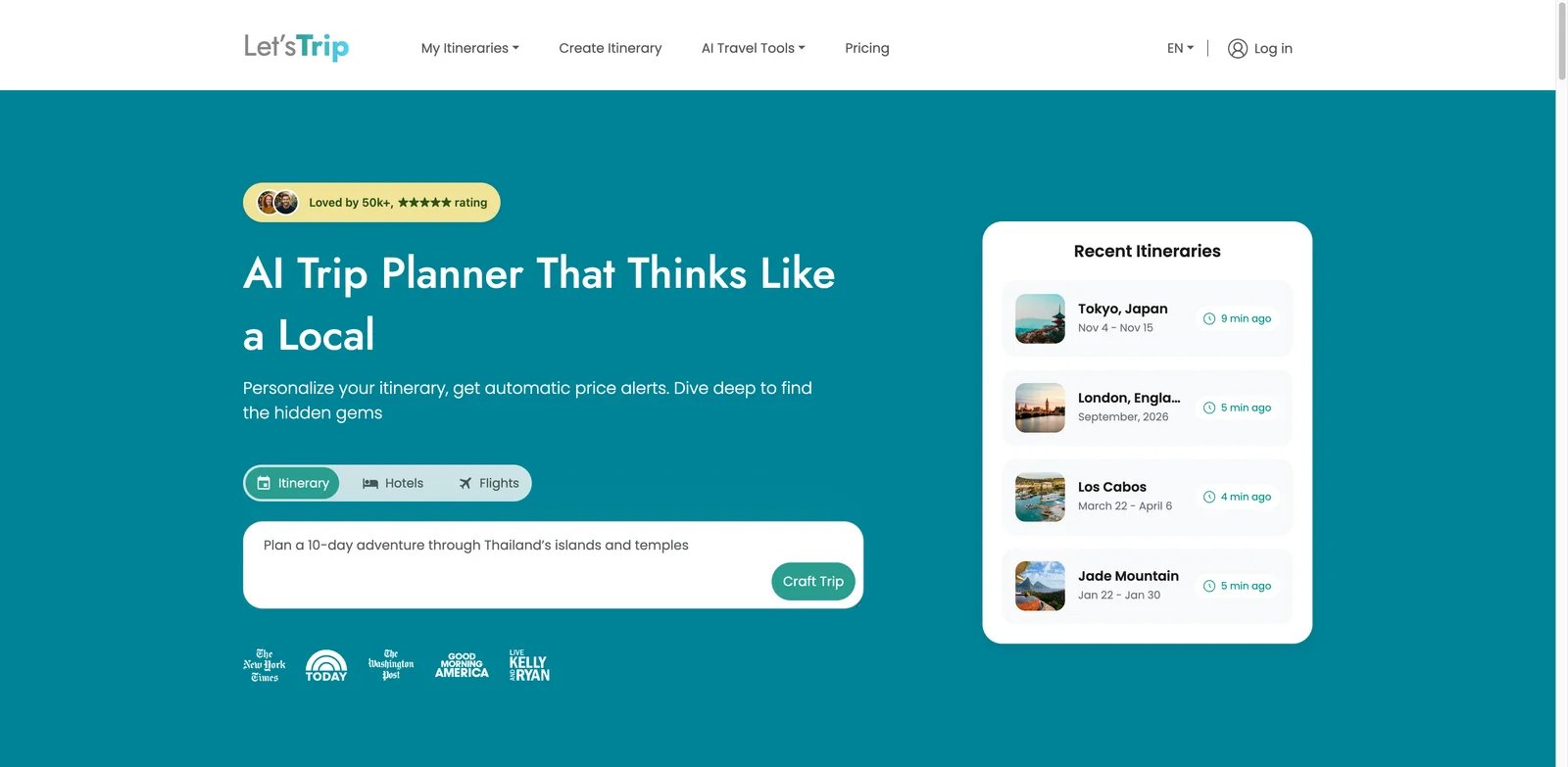 Let's Trip interface showing AI itinerary and hotel price monitoring