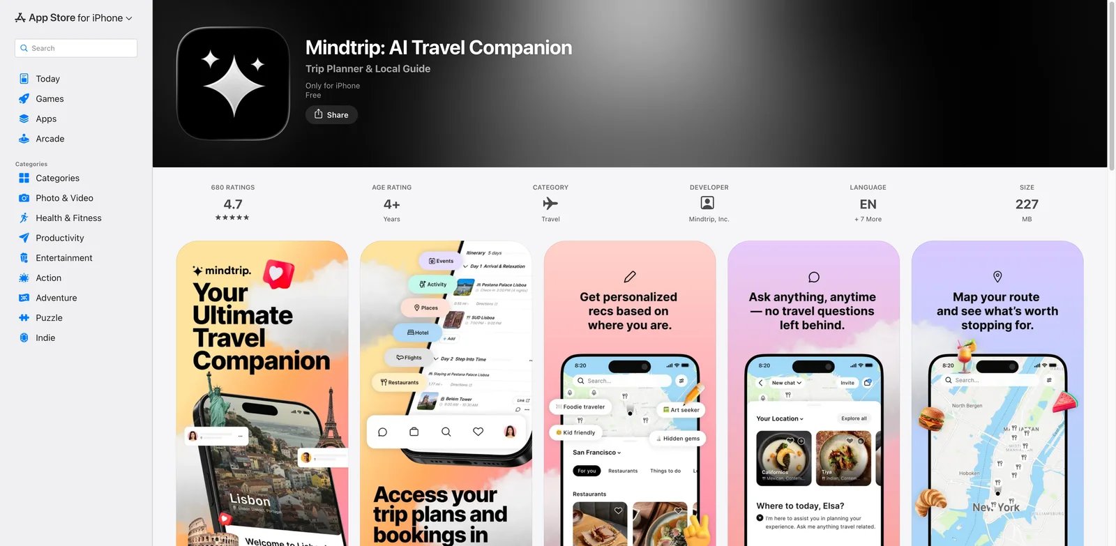 Mindtrip App Store listing showing AI travel companion features