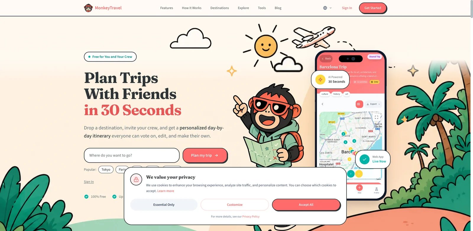 MonkeyTravel interface showing free AI travel planner with group voting