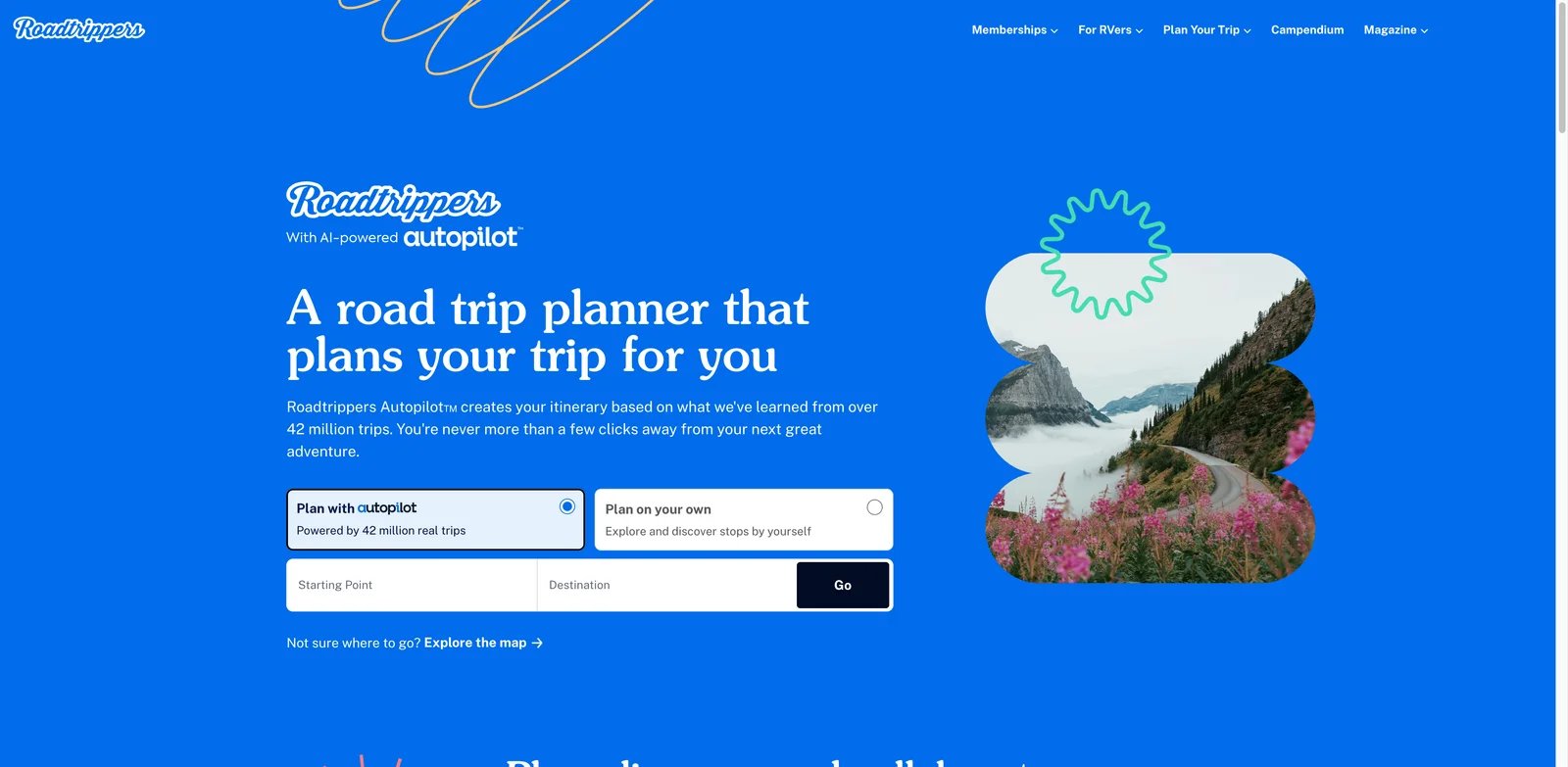 Roadtrippers interface showing AI road trip planner and route map