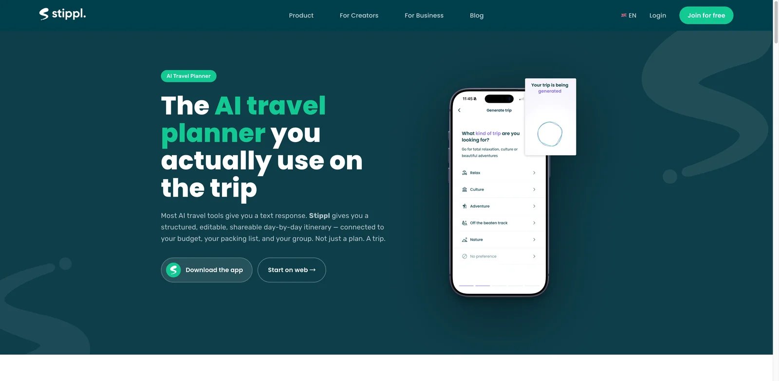 Stippl interface showing AI itinerary planner with routes and budgets