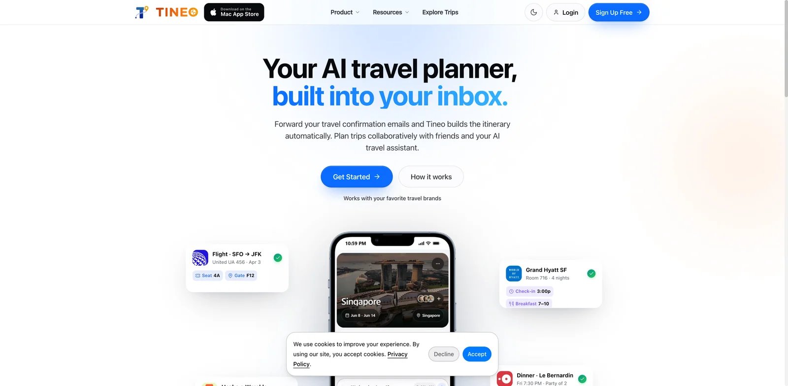 Tineo interface showing AI travel planner with booking imports