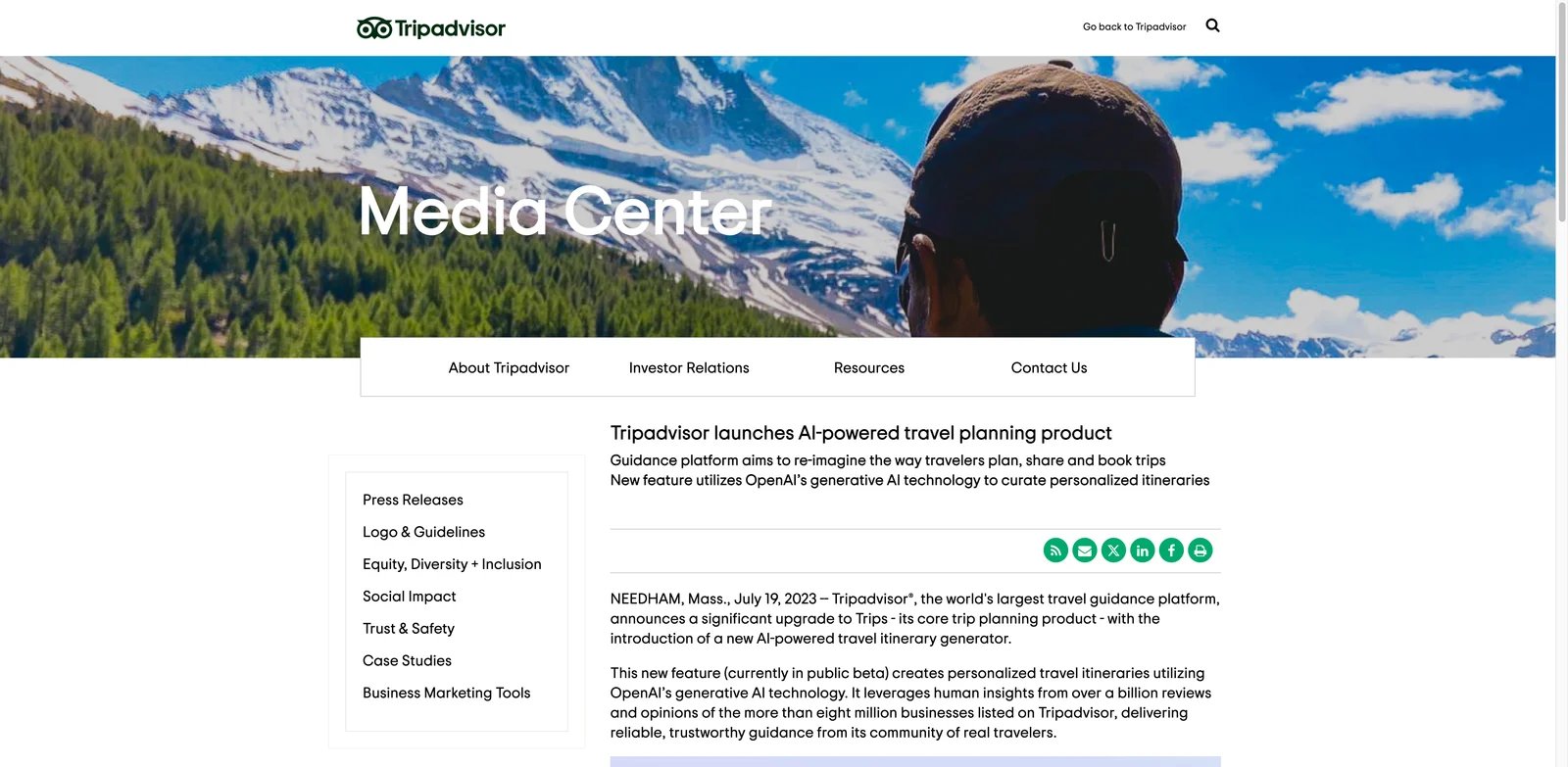 Tripadvisor official announcement for its AI-powered travel planning product