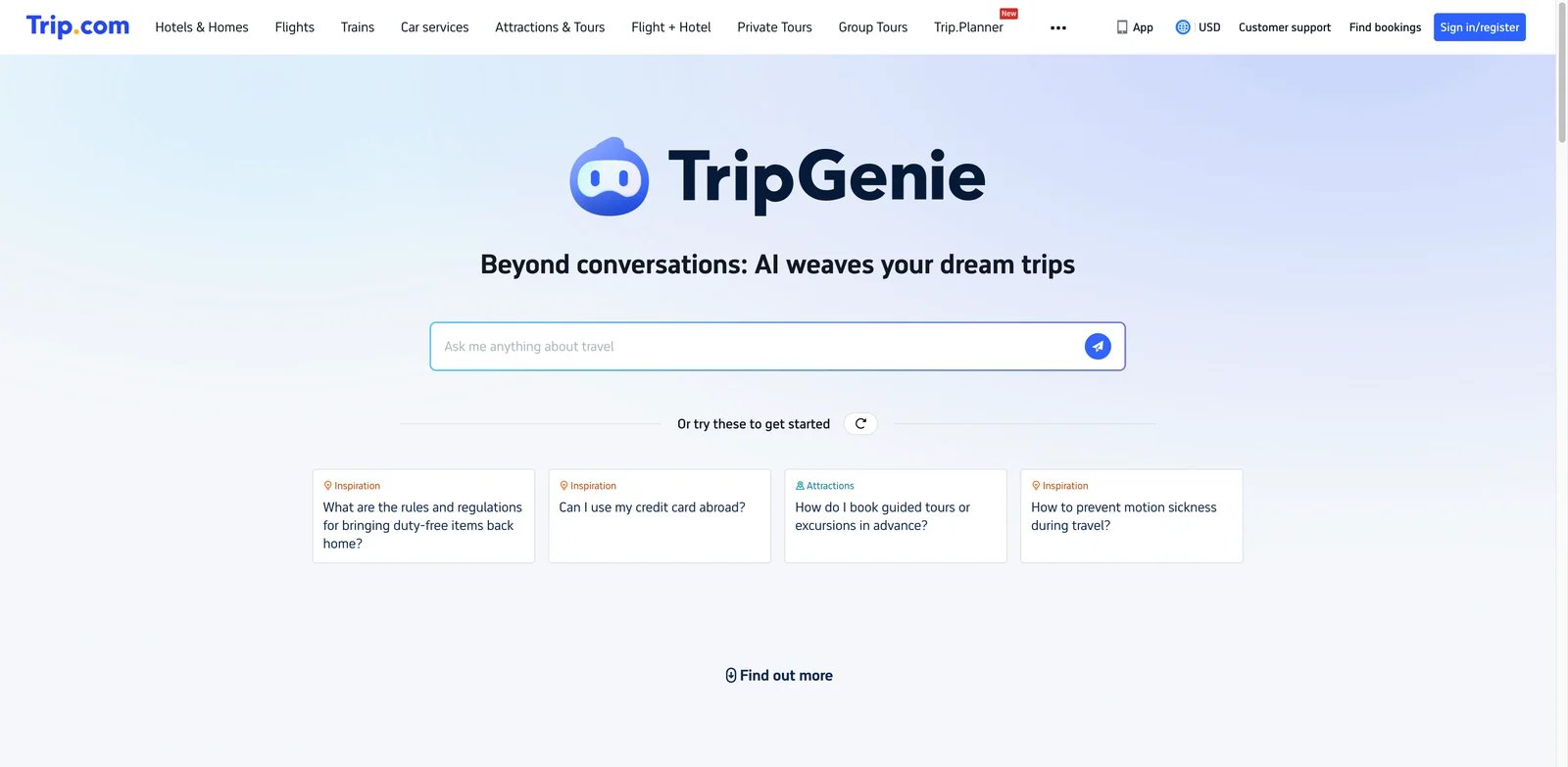 Trip.com TripGenie interface showing mobile AI travel planning