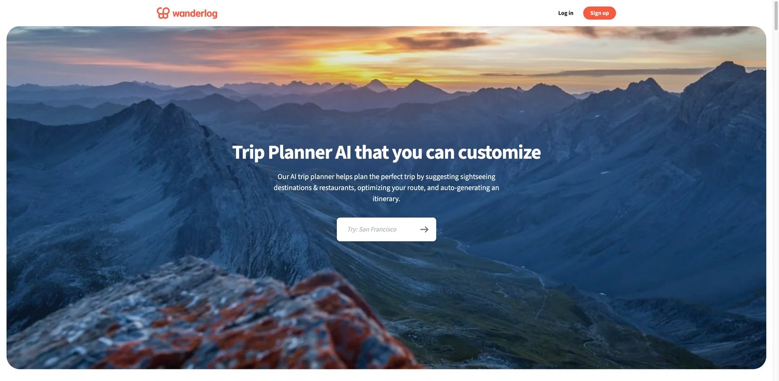 Wanderlog interface showing AI trip planner with map and budget tools