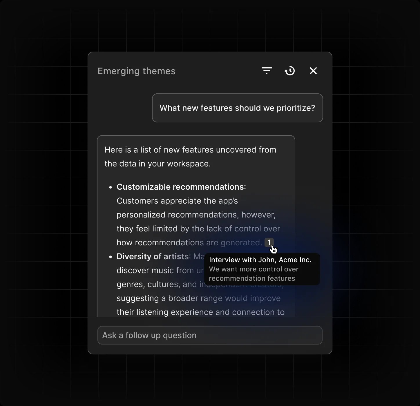 Dovetail's official example of AI chat with linked customer evidence